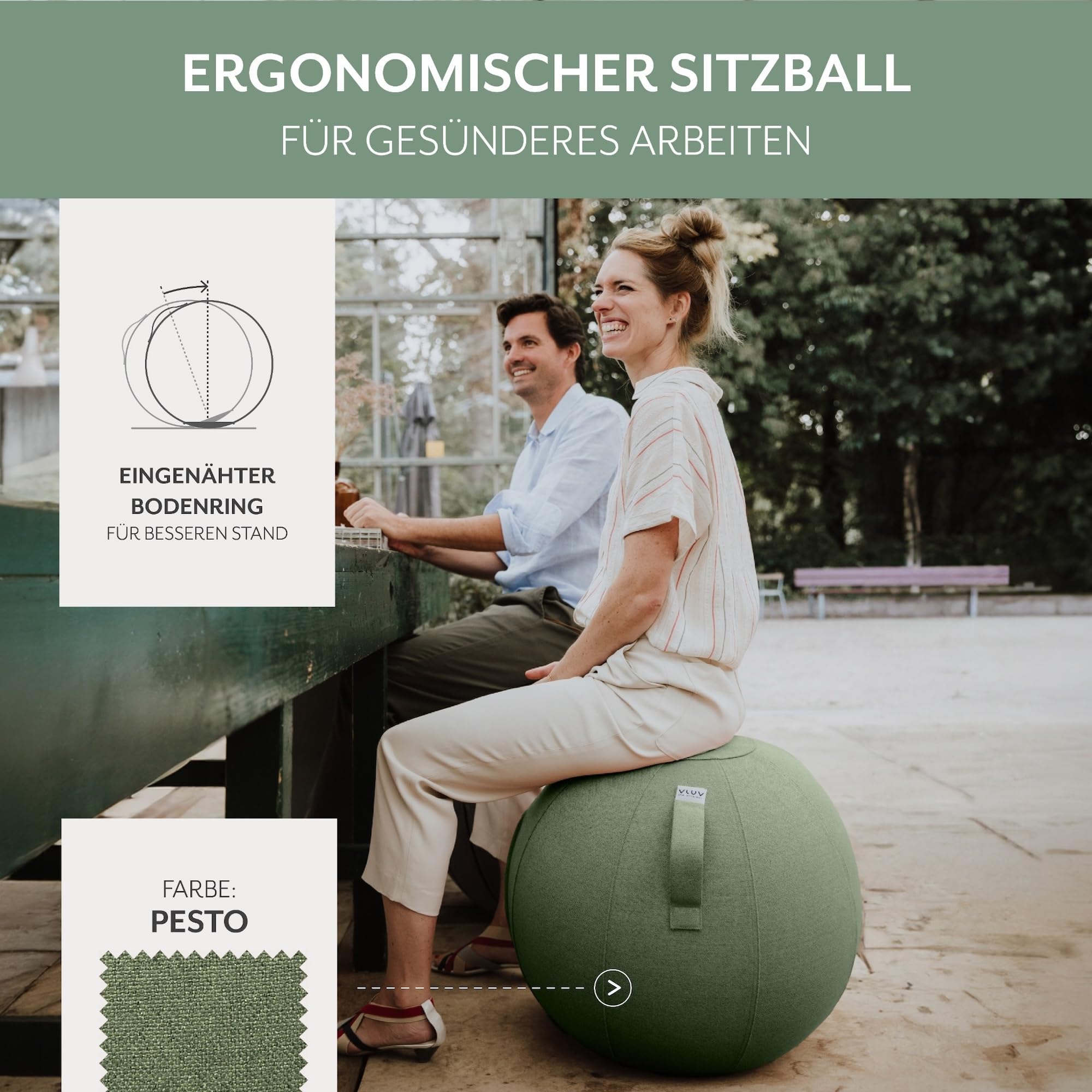 VLUV® BOL SOVA Sitzball Büro ergonomisch - Gymnastikball mit waschbarem Stoffbezug, atmungsaktiv, Tragegriff und Wegrollschutz - für Schwangerschaft und Home Office - Beige - 60cm bis 65cm