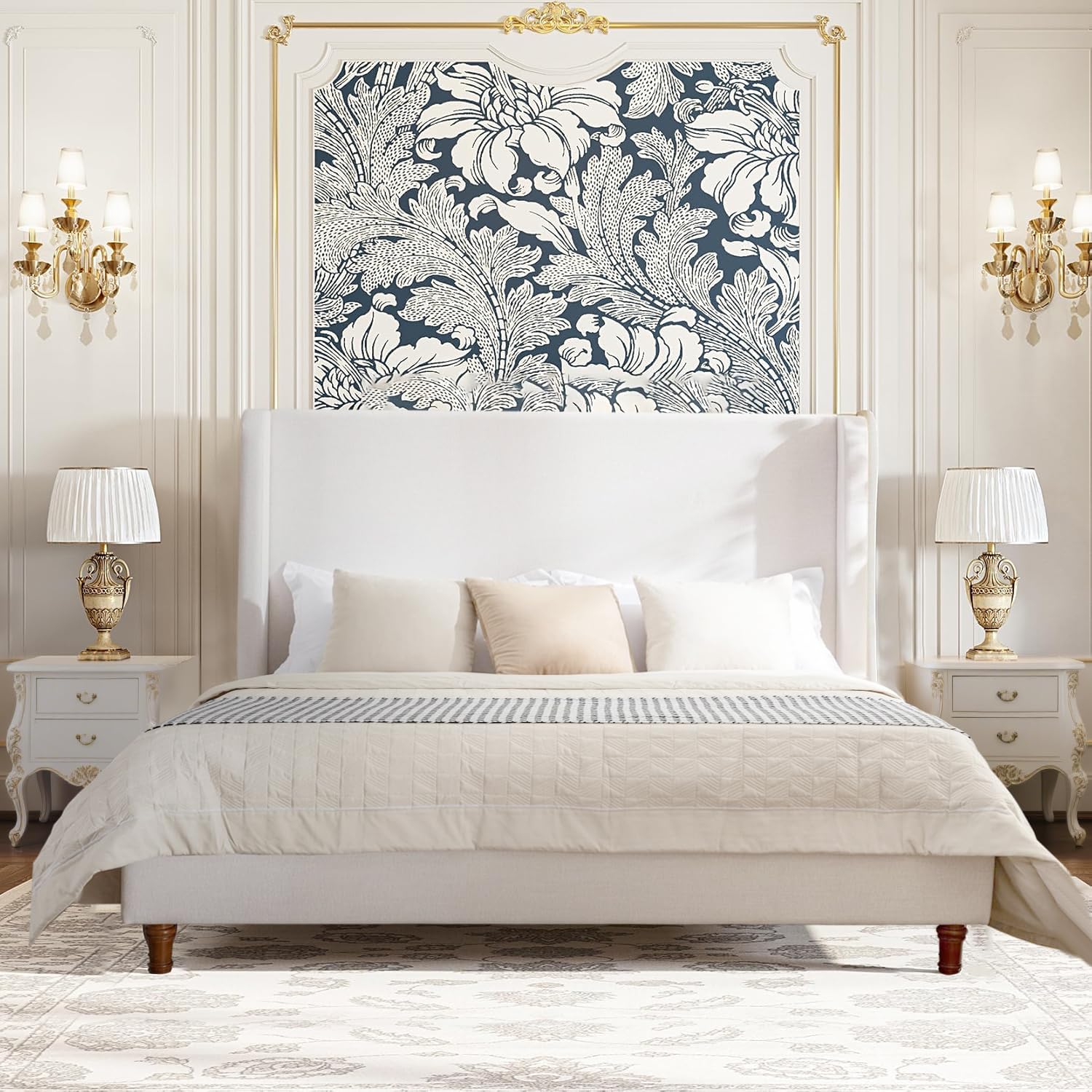 Queen Size Bed Frame With Headboard,54" Headboard Chenille Upholstered Platform Bed,Bedroom Furniture Sets No Springs Required,Metal Bed Frame With