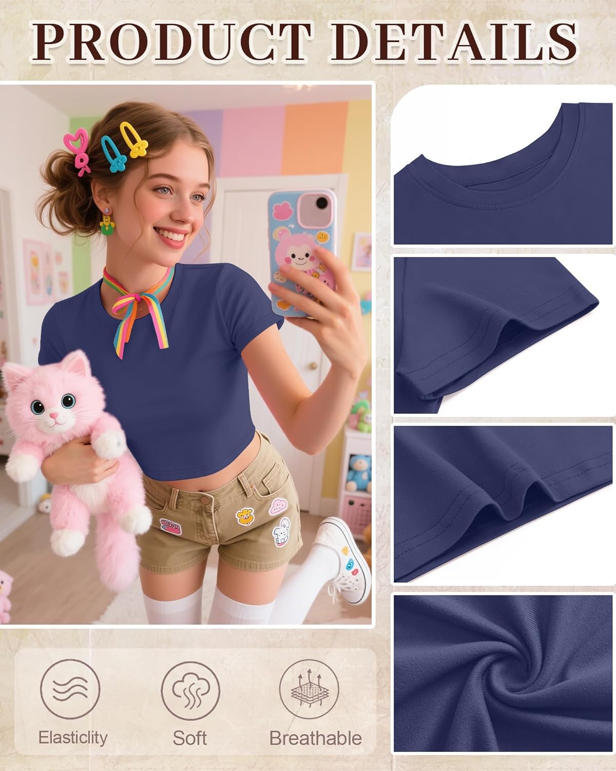 Neer 3 Pack Women's Crop Tops, Crew Neck Short Sleeve Cropped Shirts Slim Fitted Summer Casual Workout Basic Tight Tees - Image 7