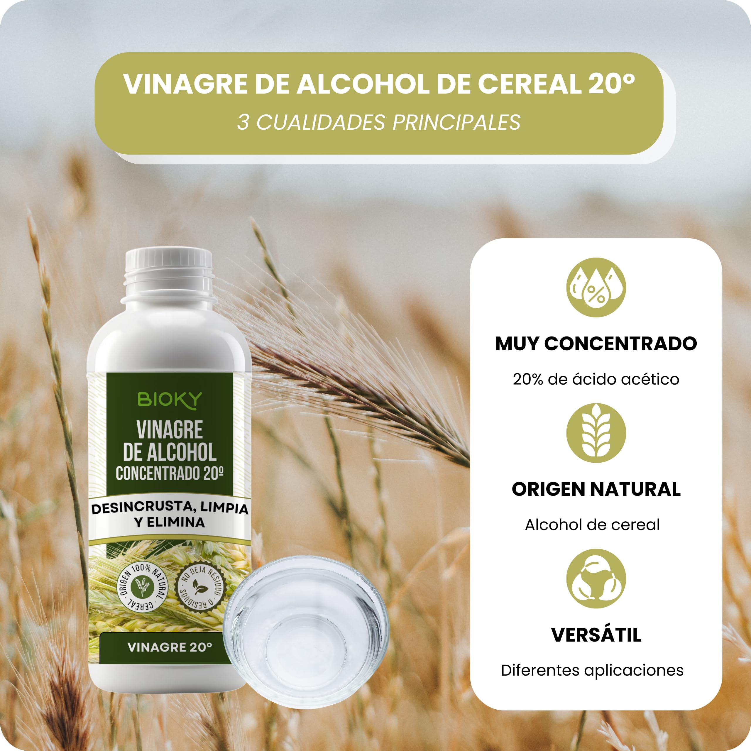 Vinagre Concentrado al 20% - 20L – Origen Natural de Alcohol de Cereal – Sin Residuo - Acción Limpiador Profundo - Elimina Moho y Hongos (20L)