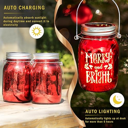 Miniatura 2 de MUMTOP Luces solares de Navidad, paquete de 2 faroles solares de Navidad, impermeables, para colgar, tarro de cristal con luces LED que cambian de