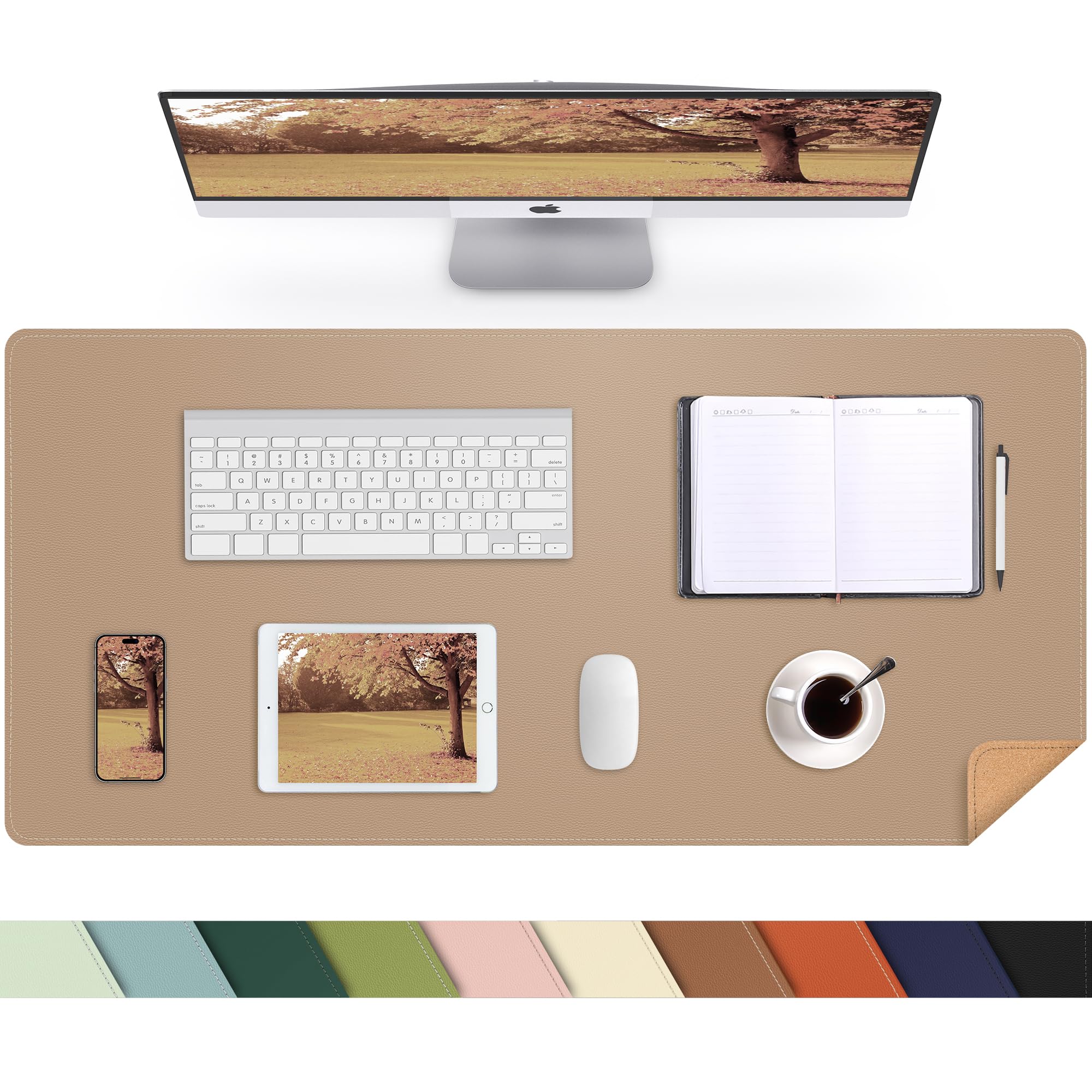 Leather Desk Mat, Large Mouse Mat,PU Leather & Cork Desk Pad, Waterproof Leather Table Protector Writing Pad for Office and Home(90x 43cm,Dark Apricot) — image 1