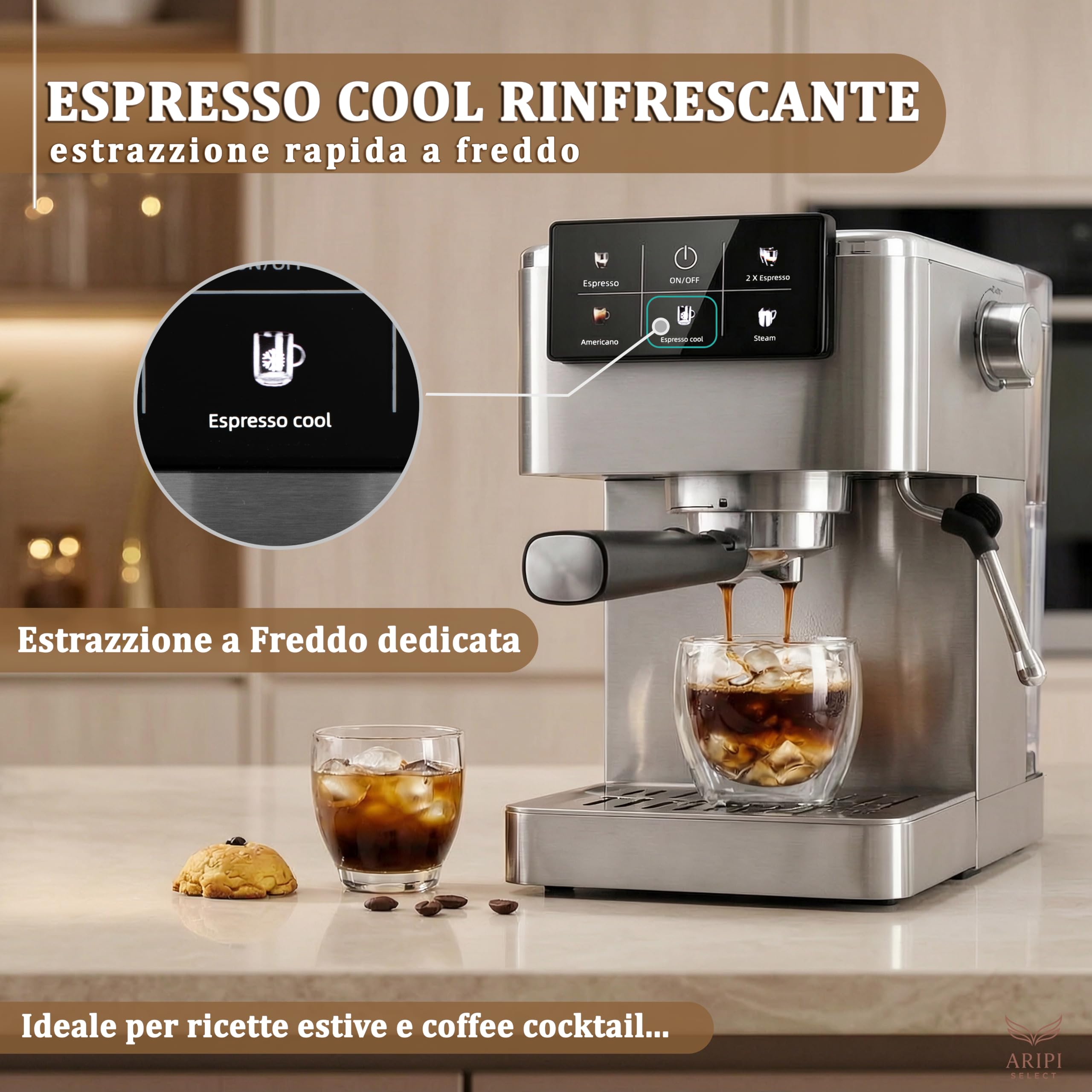 Macchina Caffè Polvere e Cialde AD 4390, Macchina Caffè Macinato da 20 Bar, Sistema Riscaldamento Rapido 20s e Controllo PID, Funzione Espresso Cool, Acciaio Inossidabile, Montalatte Integrato