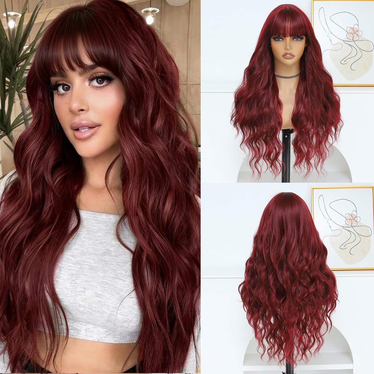 Burgundy Wig for Women, Long Red Wavy Wig with Bangs 26 Inch Wigs Natural Looking Heat Resistant Synthetic Wig for Daily Party Use