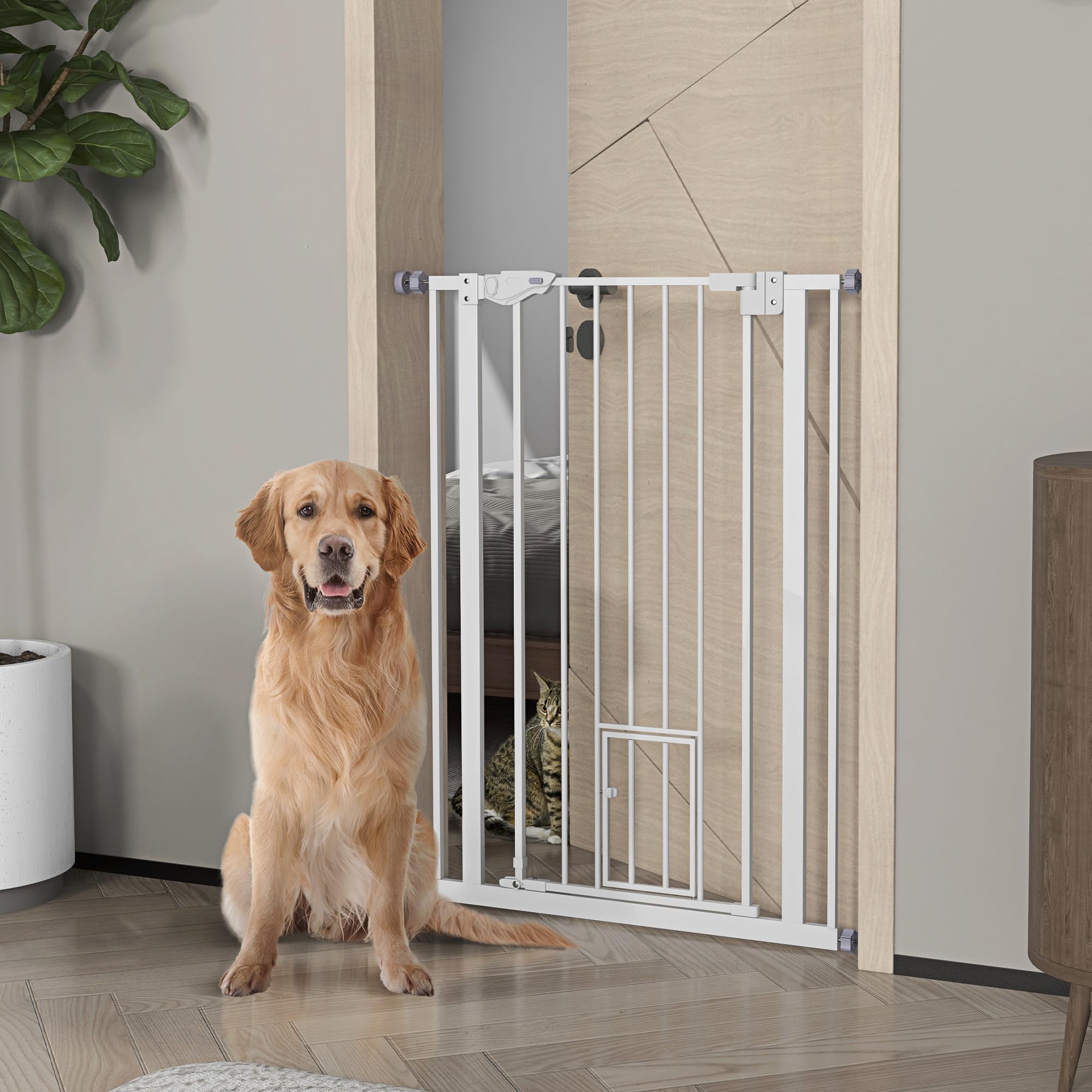 PawHut Tierschutzgitter 104H cm mit Tür automatischer Türverschluss Doppelverriegelungssystem ohne Bohrung 74-80 cm Stahl weiß