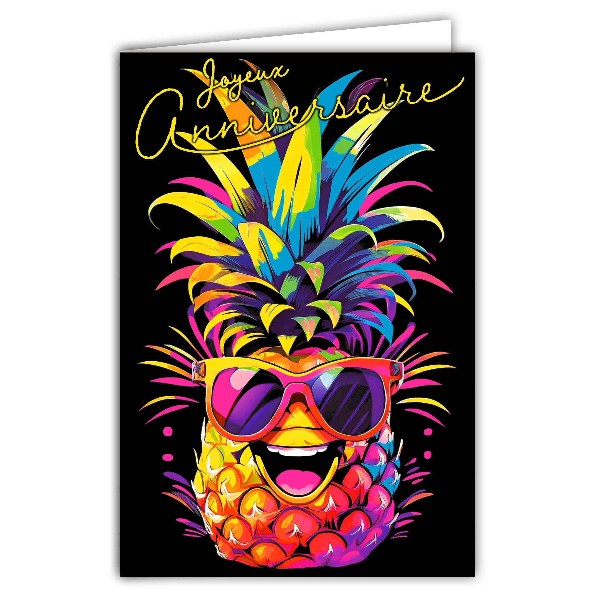 69-8176 Happy Birthday Smiling Pineapple with Sunglasses Pop Art Style Multi-Coloured Humorous with White Envelope 12 x 17.5 cm – Made in France