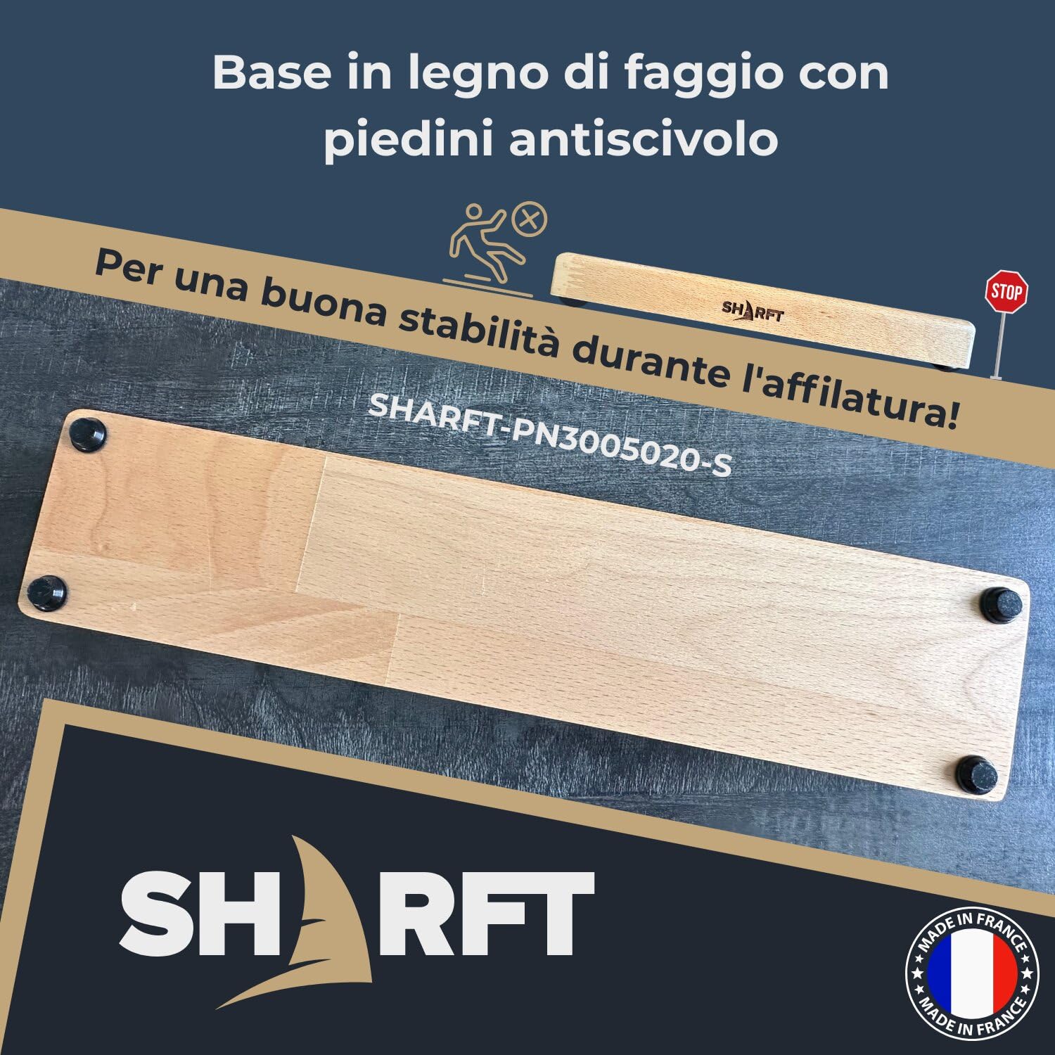 SHARFT, pietra per affilare naturale dei Pirenei, equivalente a grana 1000 + base in legno. Pietra per affilare 300 mm. Affilacoltelli da cucina, ecc. Affilacoltelli professionale. PRODOTTO IN FRANCIA