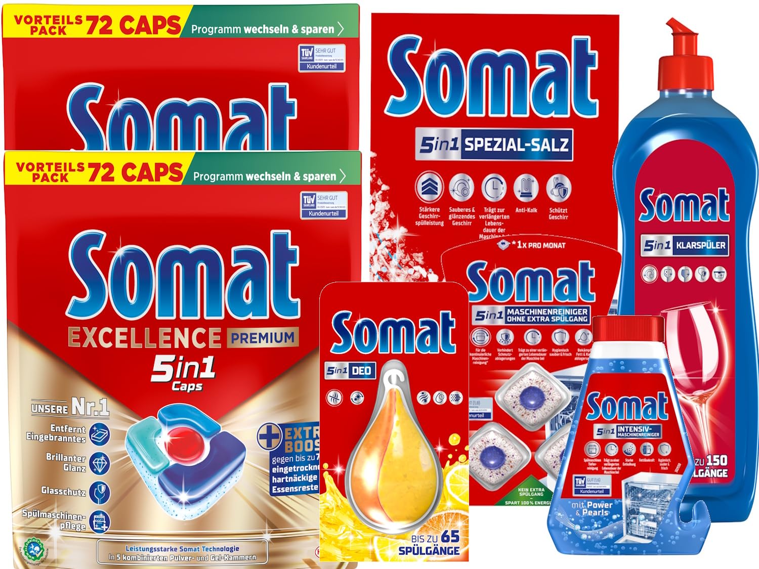 SOMAT 4in1 Caps 2x67 (134) AW Excellence, schnellauflösende Spülmaschinentabs mit Extra Boost + Klarspüler + Intensiv-Maschinenreiniger + Spezial-Salz + Deo Perls + Maschinenreiniger