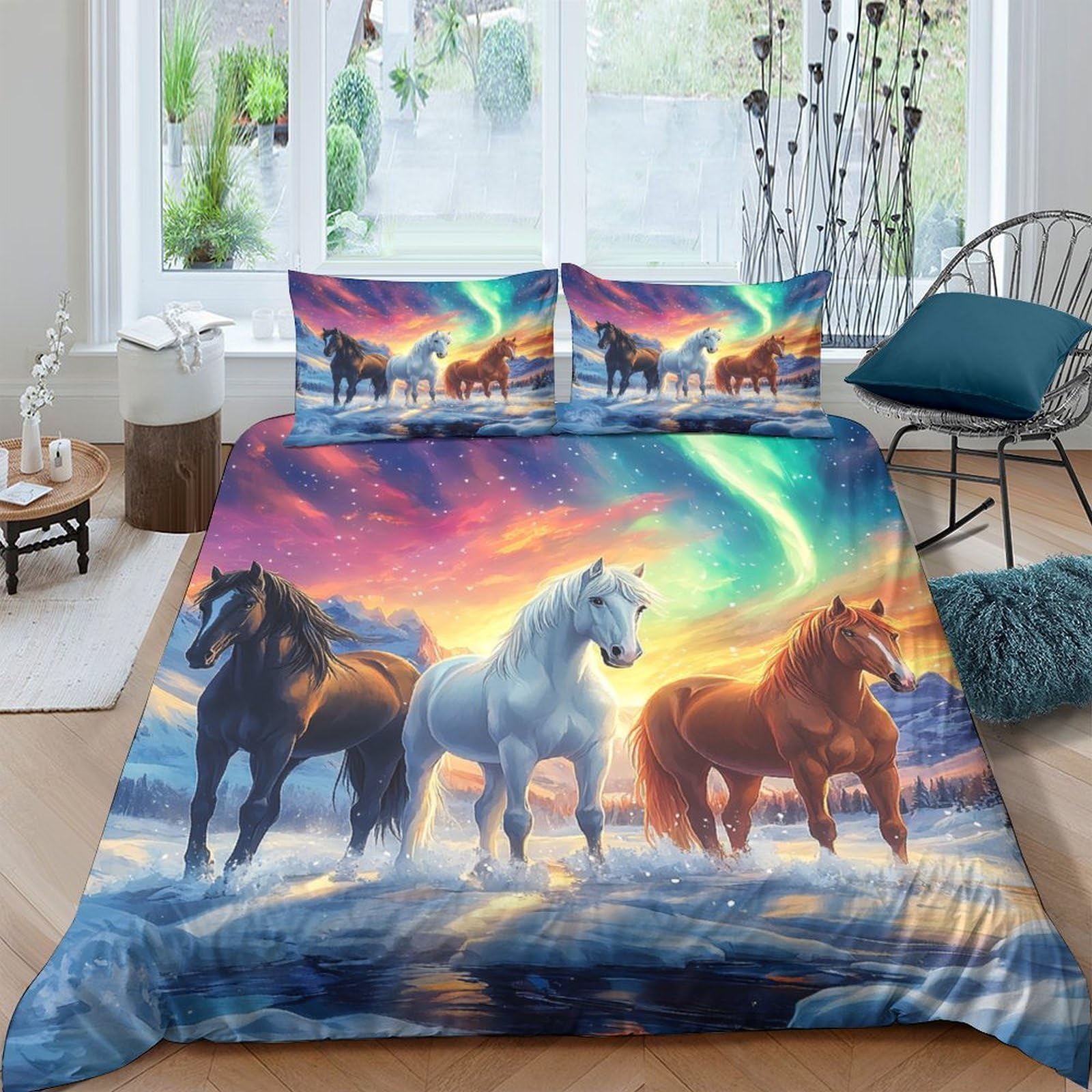 Ctjqhvkz Style-6 3D Printed Aurora Horse Fitted Sheet Microfiber Soft Colourful Sunset Meadow Bed Cover For Bedroom Decor Single（135X200cm）
