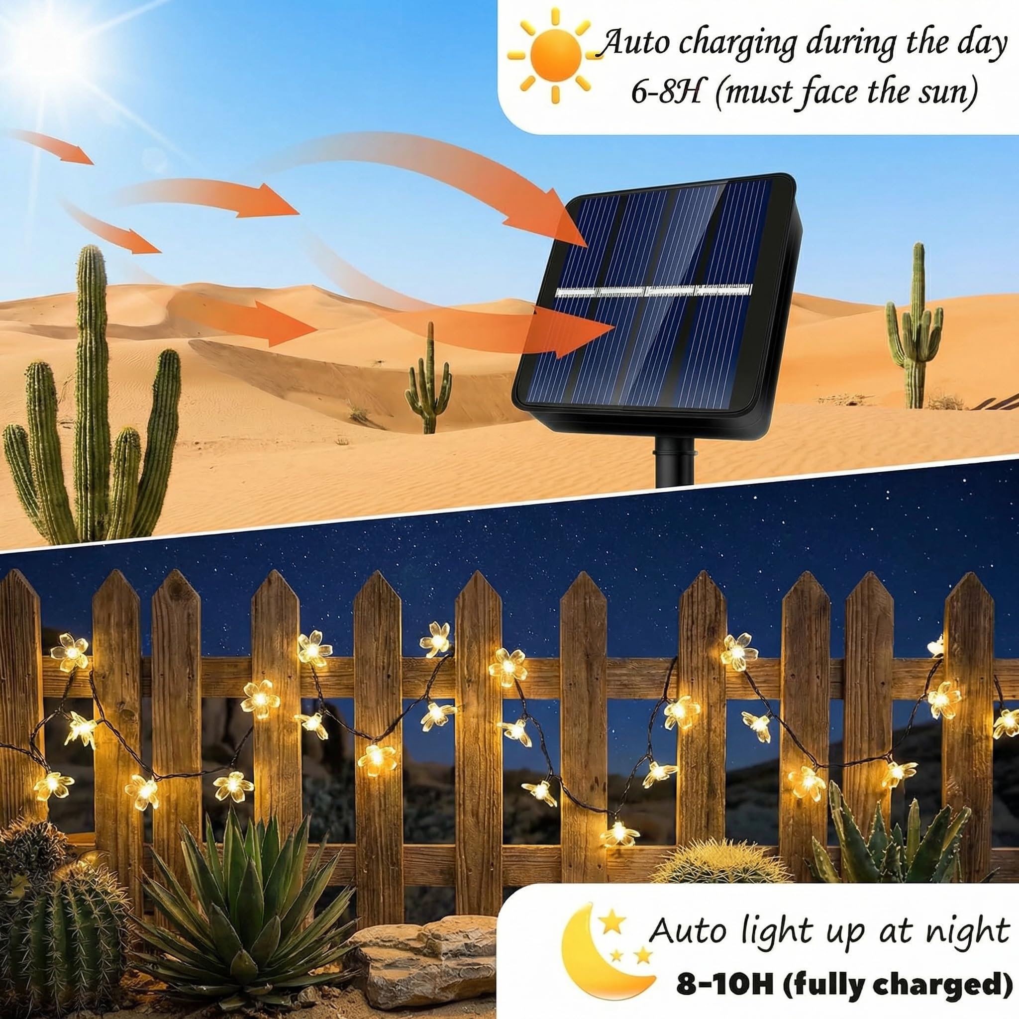 BG9D Guirnalda solar exterior, luces solares 11 m, flores exterior, 60 LED, impermeable, 8 modos con memoria, flores LED para jardín, terraza, balcón, fiesta, boda, decoración de patio — view 3