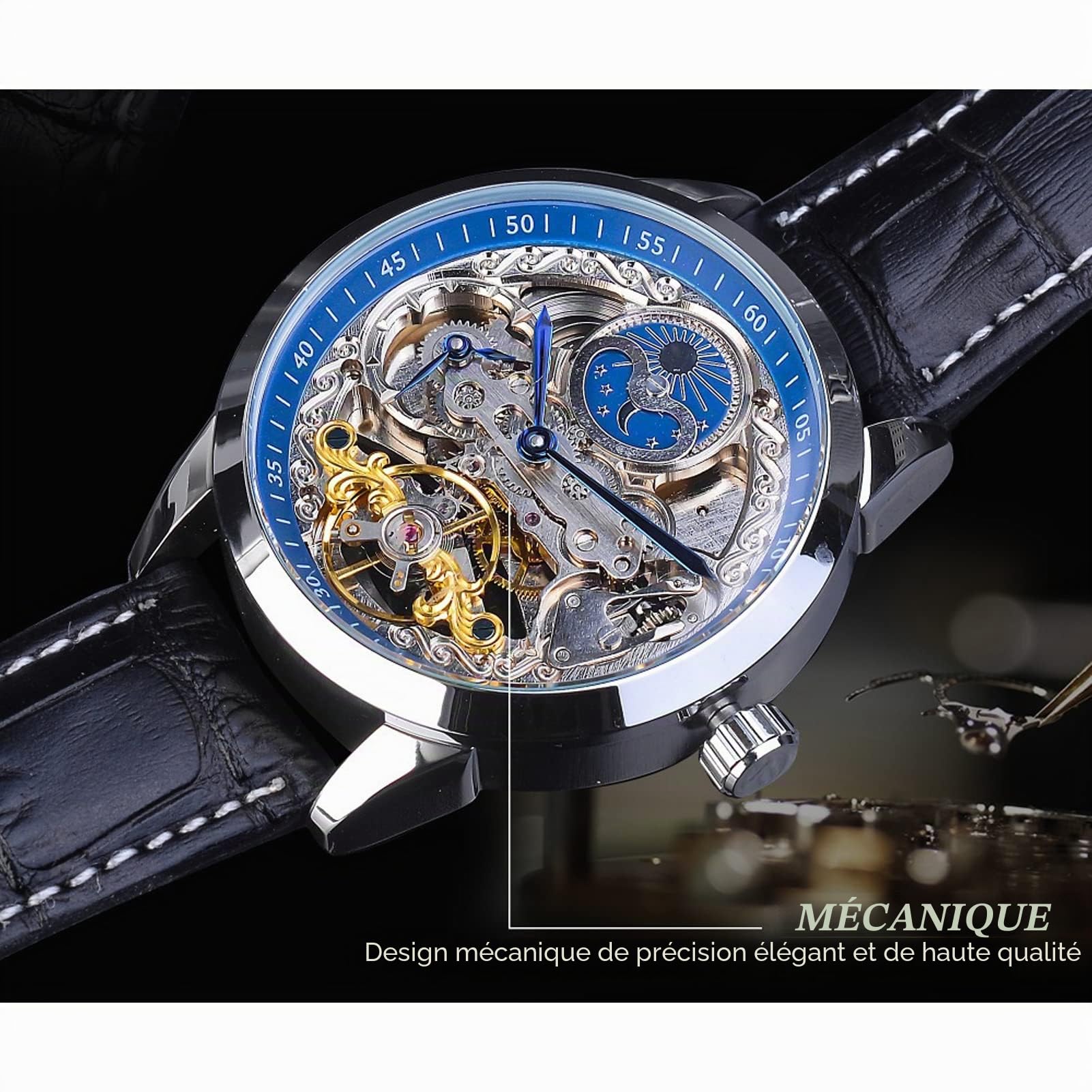 FORSINING Montre pour homme Tourbillon Phase de lune automatique Montre-bracelet en cuir Mode Business Squelette Montres de luxe à remontage manuel