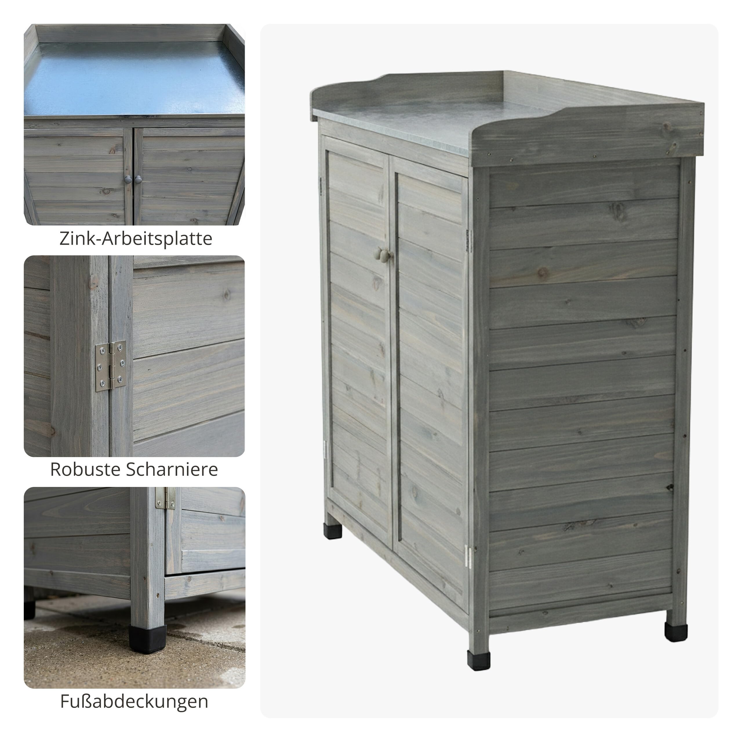 Relaxdays Pflanztisch mit Unterschrank, Holz, verzinkte Arbeitsplatte, grau