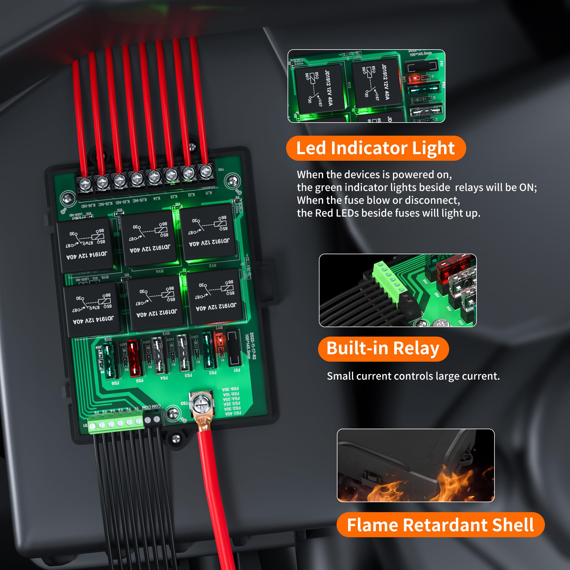 Joinfworld Scatola relè per fusibili 12 V, pannello fusibili universale per autoveicoli, con relè a 6 vie e 14 fusibili a lama ATC/ATO, scatola dei fusibili da 12 Volt, impermeabile, con luce a LED e