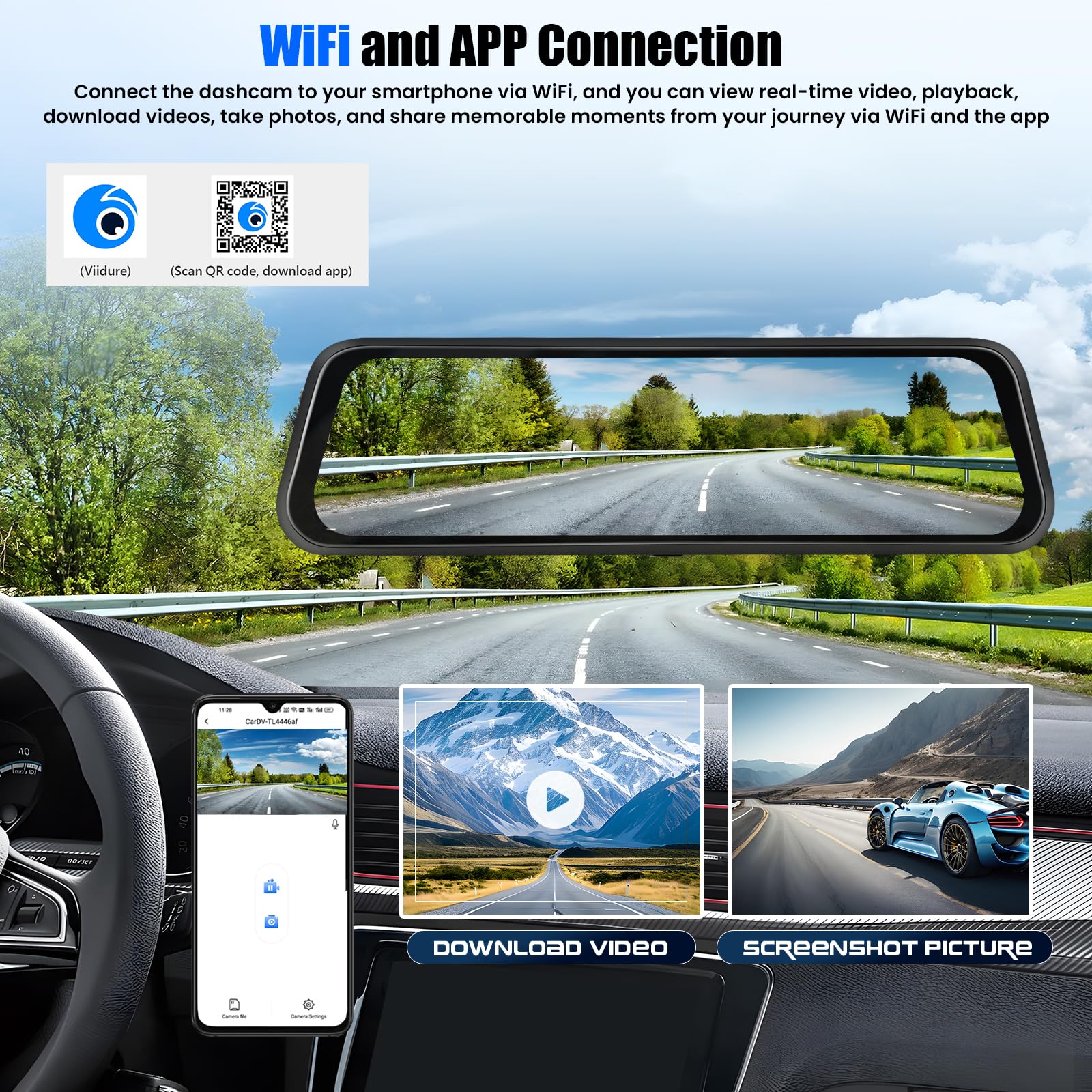 CAMECHO Mirror Dash Cam Schermo da 9.66 pollici 2K, Dashcam con TRE Telecamere: Anteriore/Interna/Posteriore -WiFi registrazione loop/sensore di gravità/assistenza al parcheggio