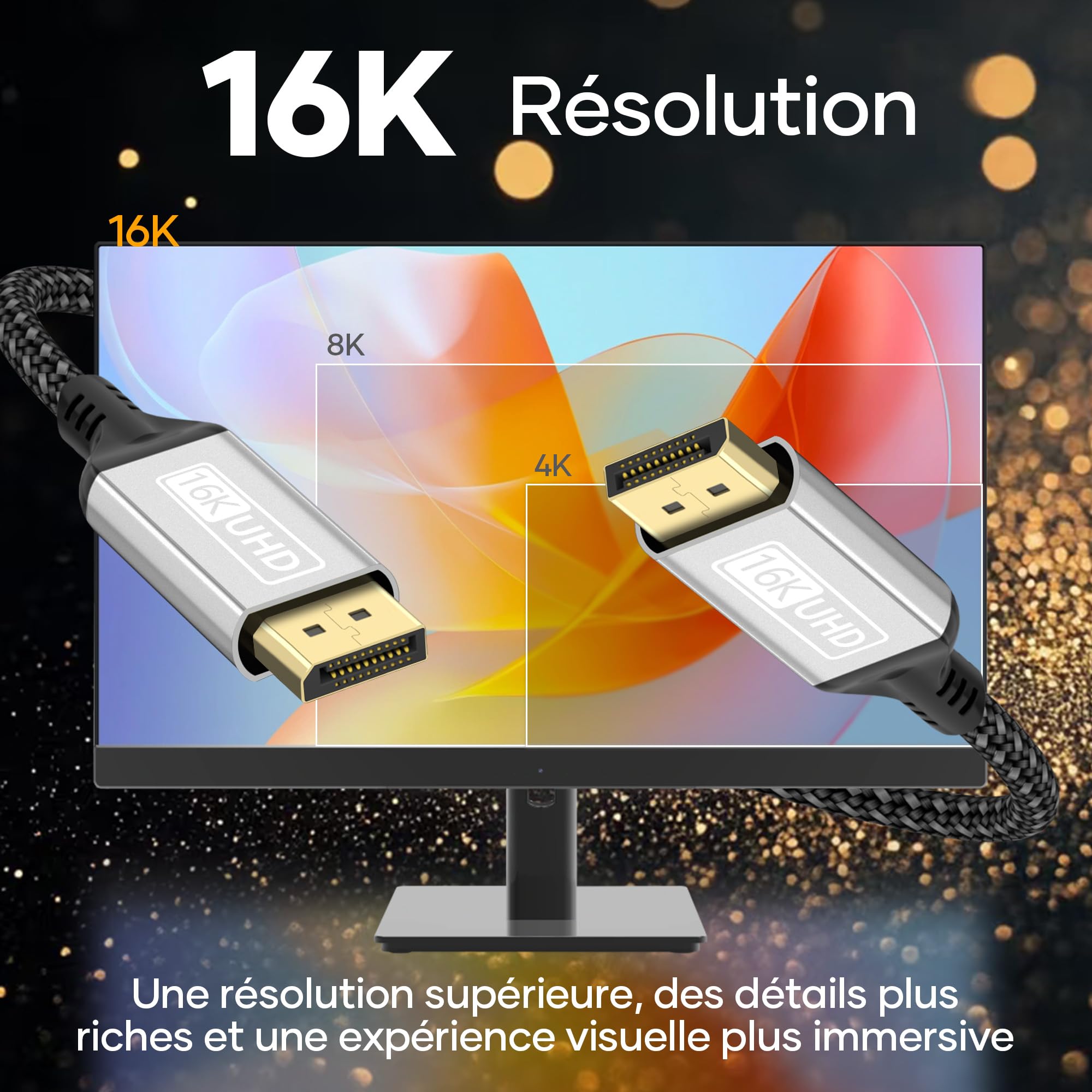 Câble DisplayPort 2.1 16K,5m 16K@60 Hz,10K@60 Hz,8K@120 Hz,4K@240Hz,165Hz/144 Hz.Câble DP 80Gbit/s avec HDR,FreeSync,G-Sync,DSC 1.2a et HDCP 2.2.Compatible PC,TVHD,moniteur gaming,et carte graphique