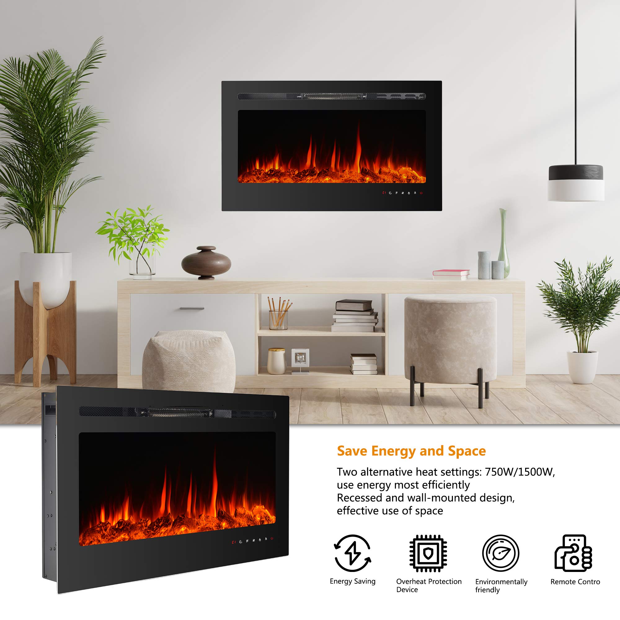 36 Inch Electric Fireplace Inserts,Wall Mounted Fireplace,Led Fireplace