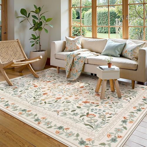 Lahome Beige Floral Washable Area Rug 5x7