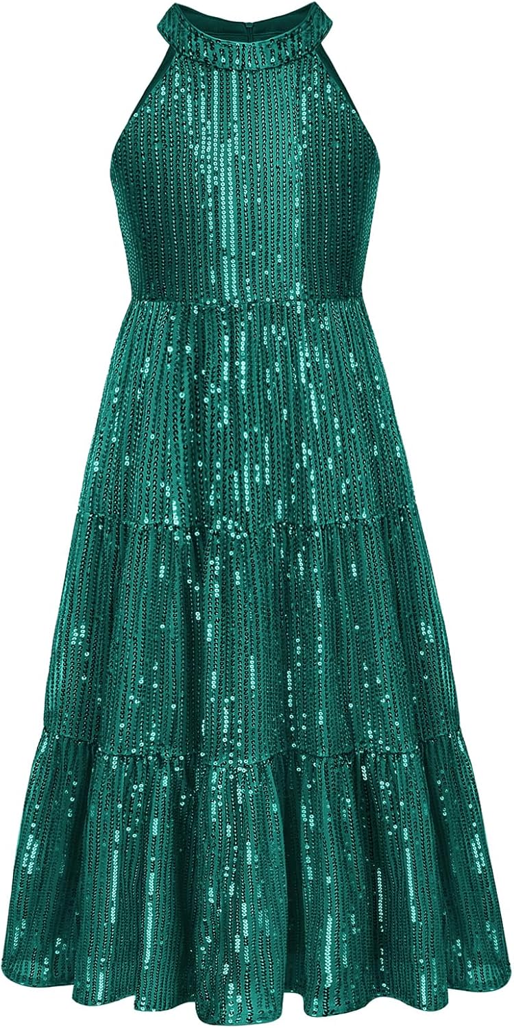 GRACE KARIN Girls Sequin Dress Formal Party Elegant Fancy Girls Maxi Long Dress for 5-14Y