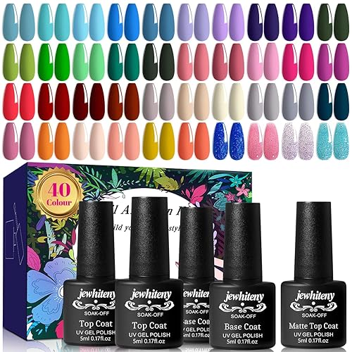 Miniatura 8 de JEWHITENY Juego de 45 esmaltes de uñas de gel, 42 colores de 0.27 onzas líquidas, esmalte de gel Soak Off Nude Green Purple Orange Gitter con capa