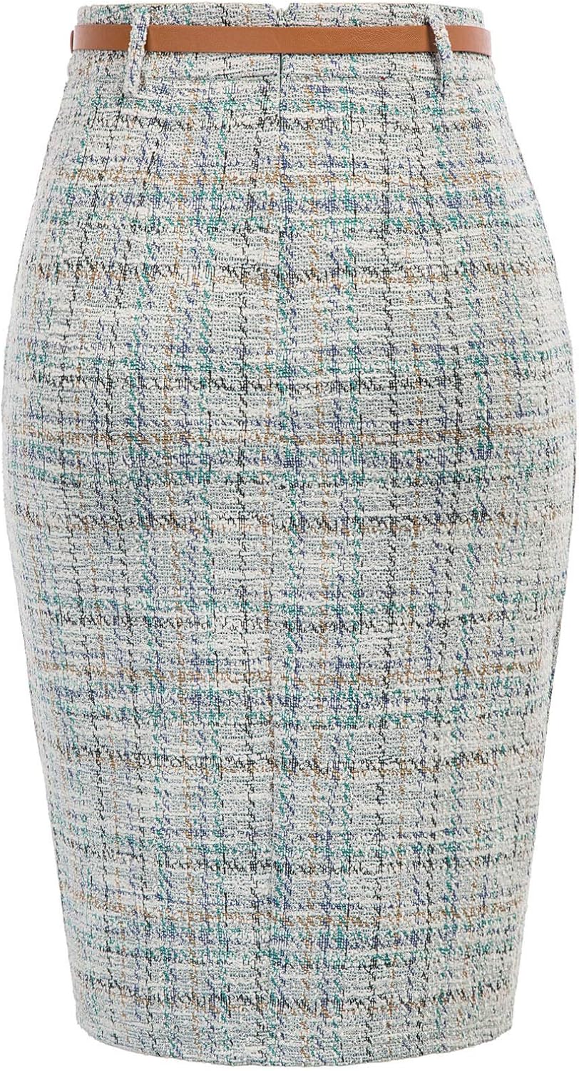 Kate Kasin Women's Tweed Pencil Skirt Knee Length High Waisted Skirts with Slit Elegant Skirts with Belt - Image 6