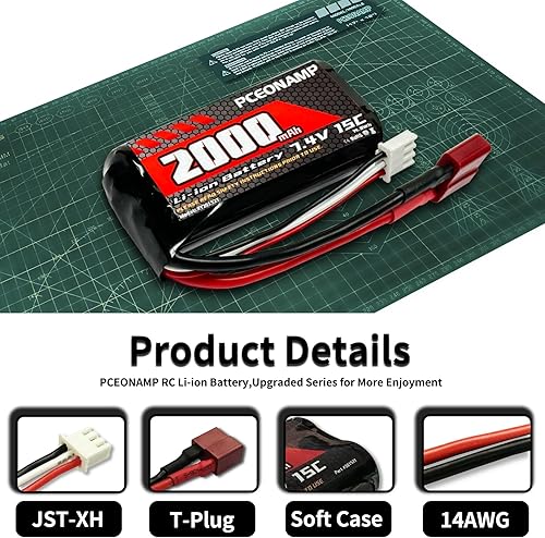 Miniatura 3 de PCEONAMP Batería de iones de litio de 7.4 V 2000 mAh 2S con enchufe Deans T recargable de alta capacidad, batería RC apta para WLtoys 4WD de alta