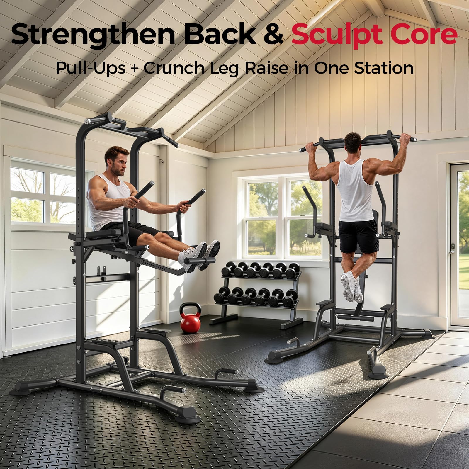 800LBS Heavy Duty Power Tower Dip Station, Adjustable Height Pull Up Stand with Crunch Leg Raise, Multifunction Strength Training Equipment for Home Gym Back Workout
