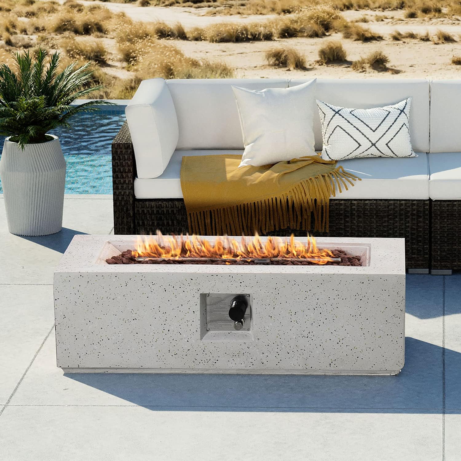 COSIEST Outdoor Propane Fire Pit Coffee Table, 42-inch x 13-inch Terrazzo Rectangle Base Patio Heater w CSA Certified, 50,000 BTU Stainless Steel Burner, Free Lava Rocks and Rain Cover