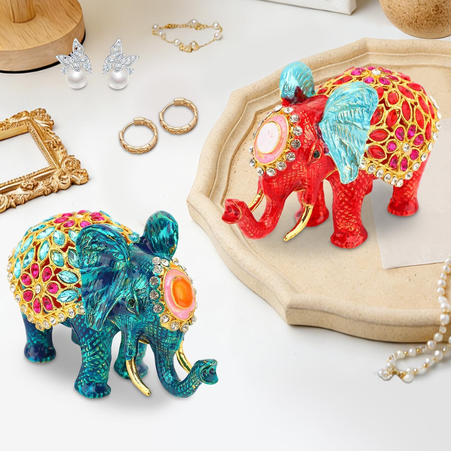 Tissting Enamel Lucky Elephant Jewelry Box Trinket Box with Hinged Unique Mini Ring Necklace Jewelry Organizer, Classical Bejeweled Storage, Figurine Collectible Keepsake Home Decor (Gold Blue)
