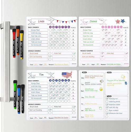 Tabla magnética de tareas para niños, 3 tablas de comportamiento de borrado en seco y 1 tablero de menú y 6 marcadores de colores con tapas de