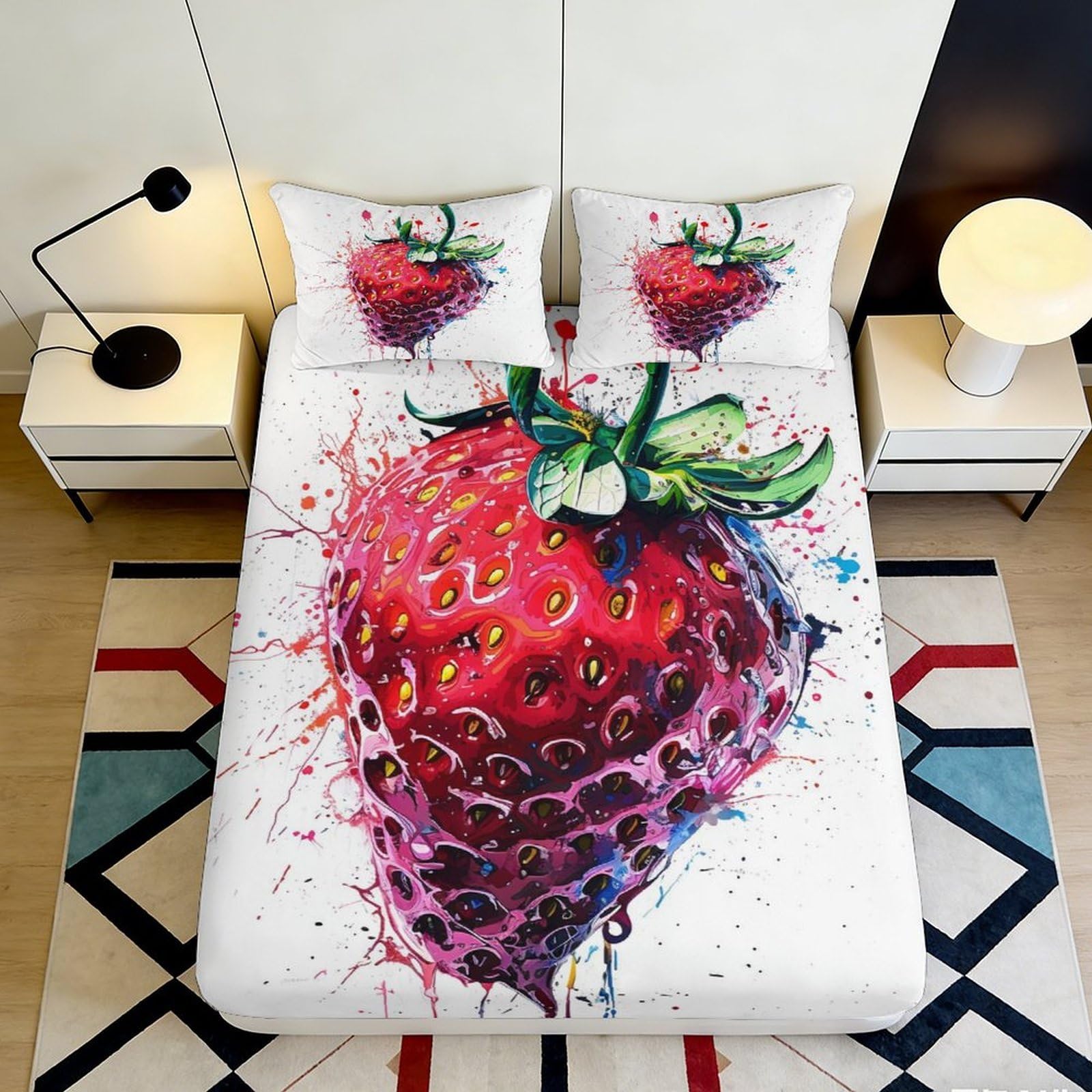 3D Printed Strawberry Art Fitted Sheet Microfiber Soft Mattress Cover, Splash Pattern, Machine Washable for Bedroom Dorm Decor, Non-Slip 90x200x25cm