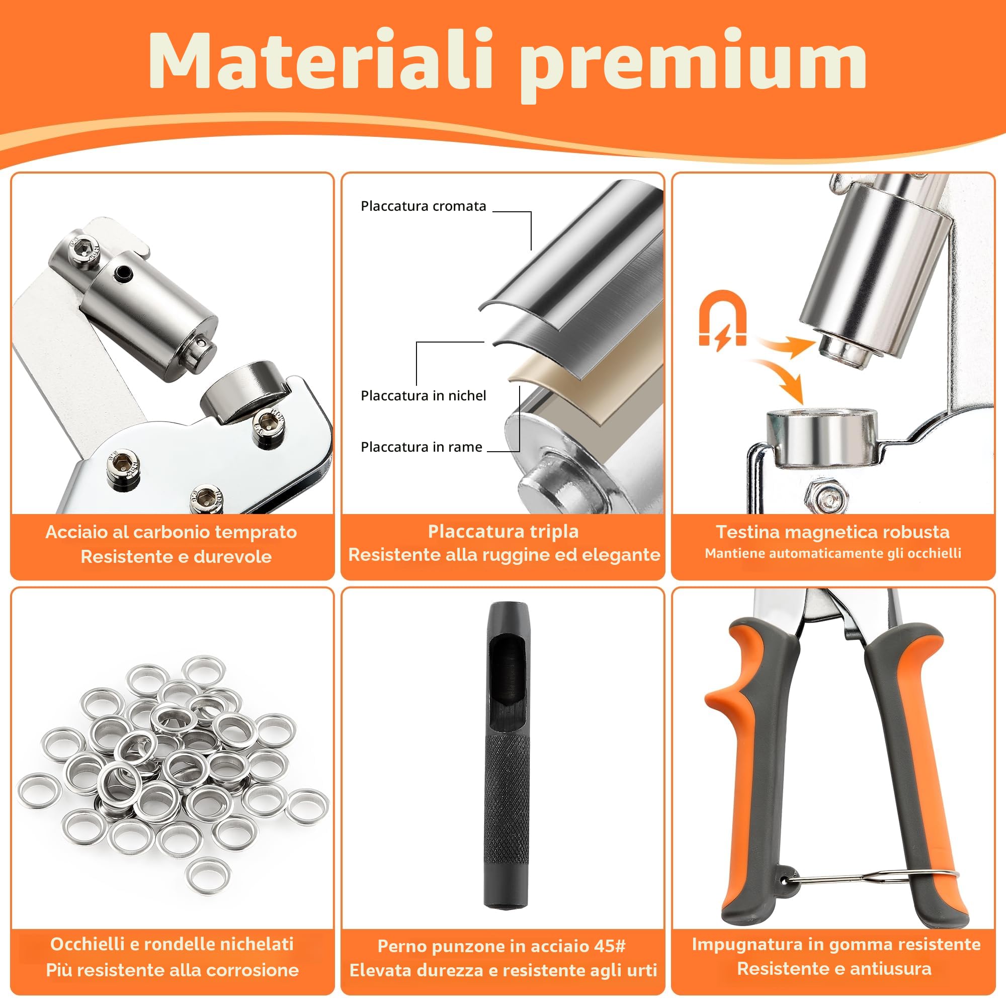 Pinza occhiellatrice manuale set con 1 Pinza per occhielli metallici, 1 punzone in acciaio, 300 paia di occhielli per teloni e rondelle, per tessuti, pelle, jeans e occhielli per tessuti