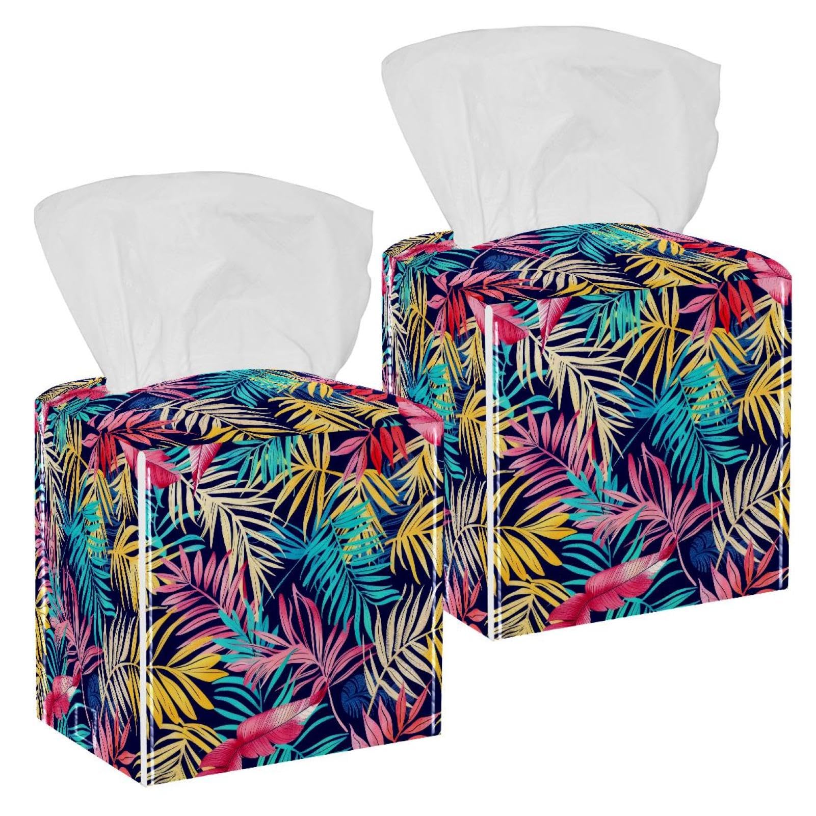 Artistic Leaves Tissue Box Cover, 2 Pack PU Leather Square Facial Tissue Dispenser Box holder for Home Office Car
