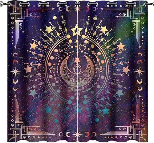 Cortinas opacas con mandala indio para dormitorio, estilo bohemio, sol, luna, hippie, teñido anudado, neón, con ojales, aislamiento térmico, para