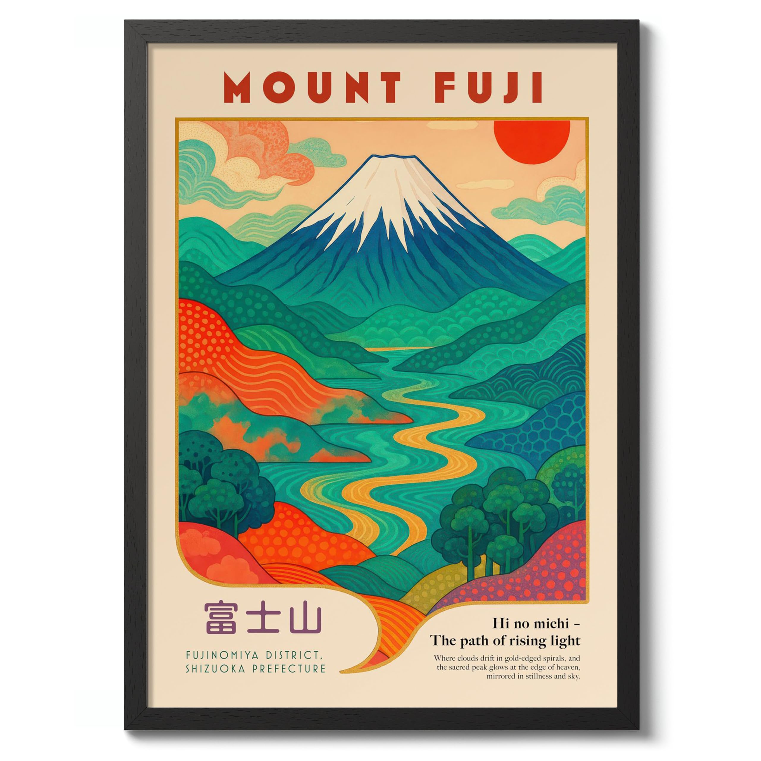Animato Mount Fuji Poster, Vintage Japanese Travel Print, Retro Wall Art Décor, 50x70cm (Black Frame) - 53x73cm