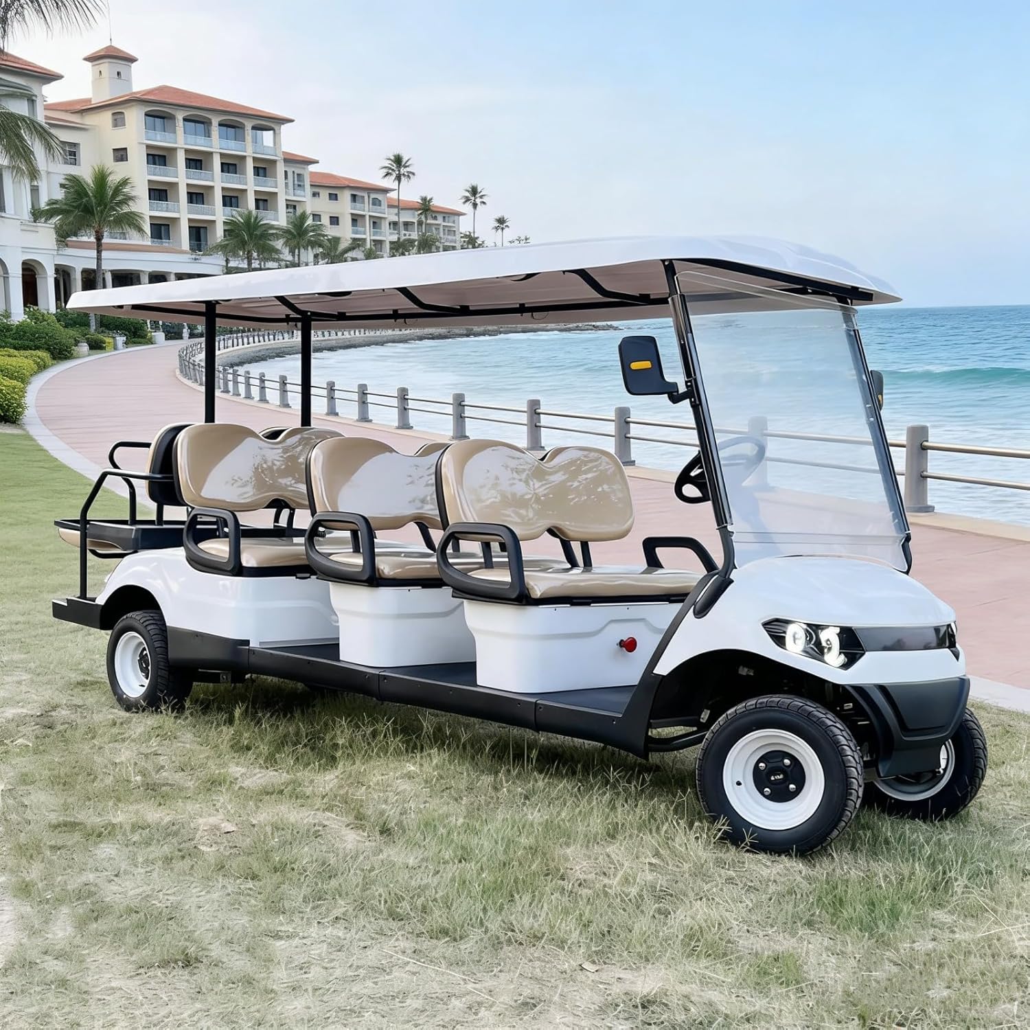 High Capacity Electric Golf Cart 6 Passenger Commercial Sightseeing Golf Buggy Durable Utility Cart for Campus Airport Shuttle Transport Staff Use