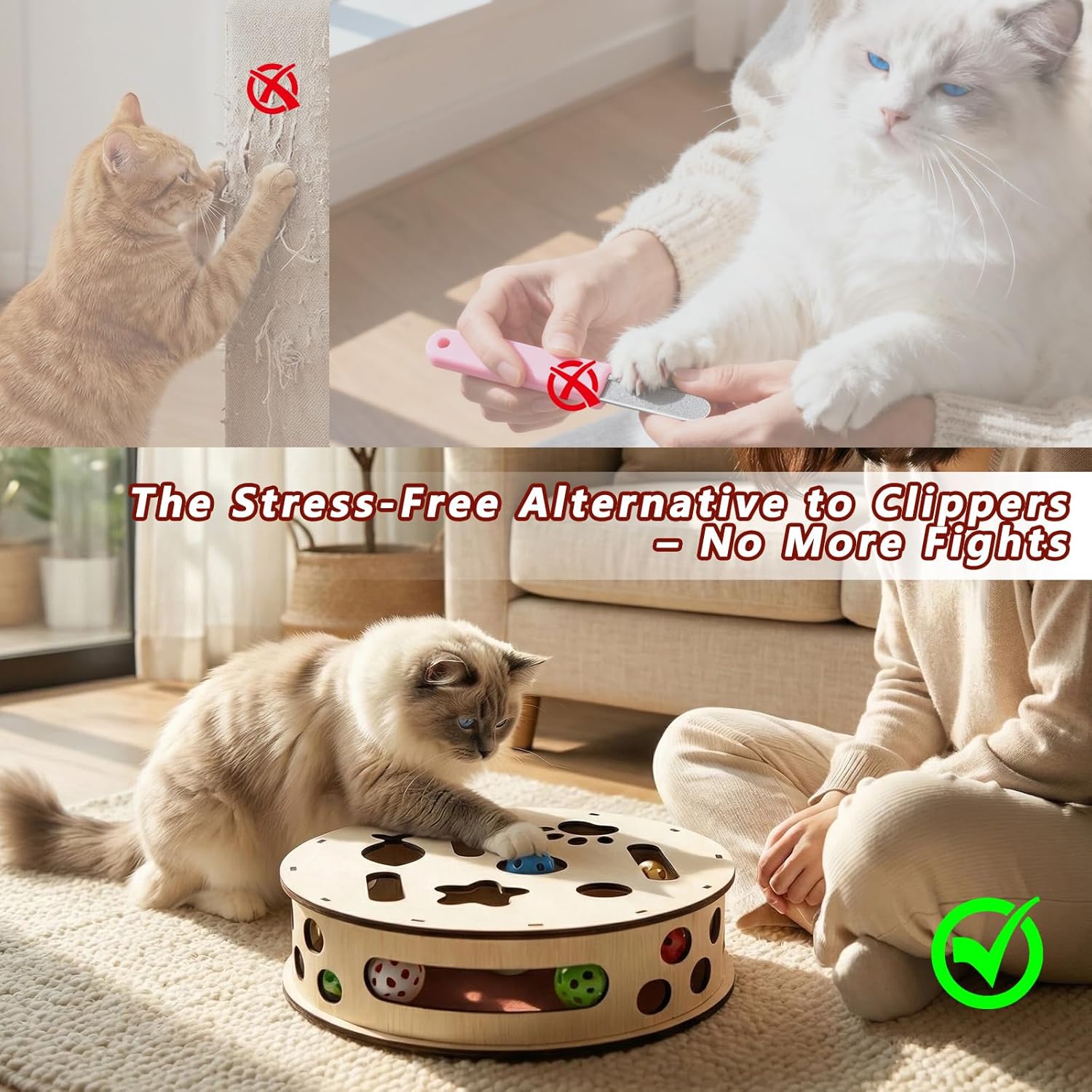 Large Cylindrical Cat Nail File Box, Wooden Cat Scratch Puzzle Box with Sandpaper & Bells, Interactive Cat Scratcher, Stress-Free Nail Trimming for Indoor Cats