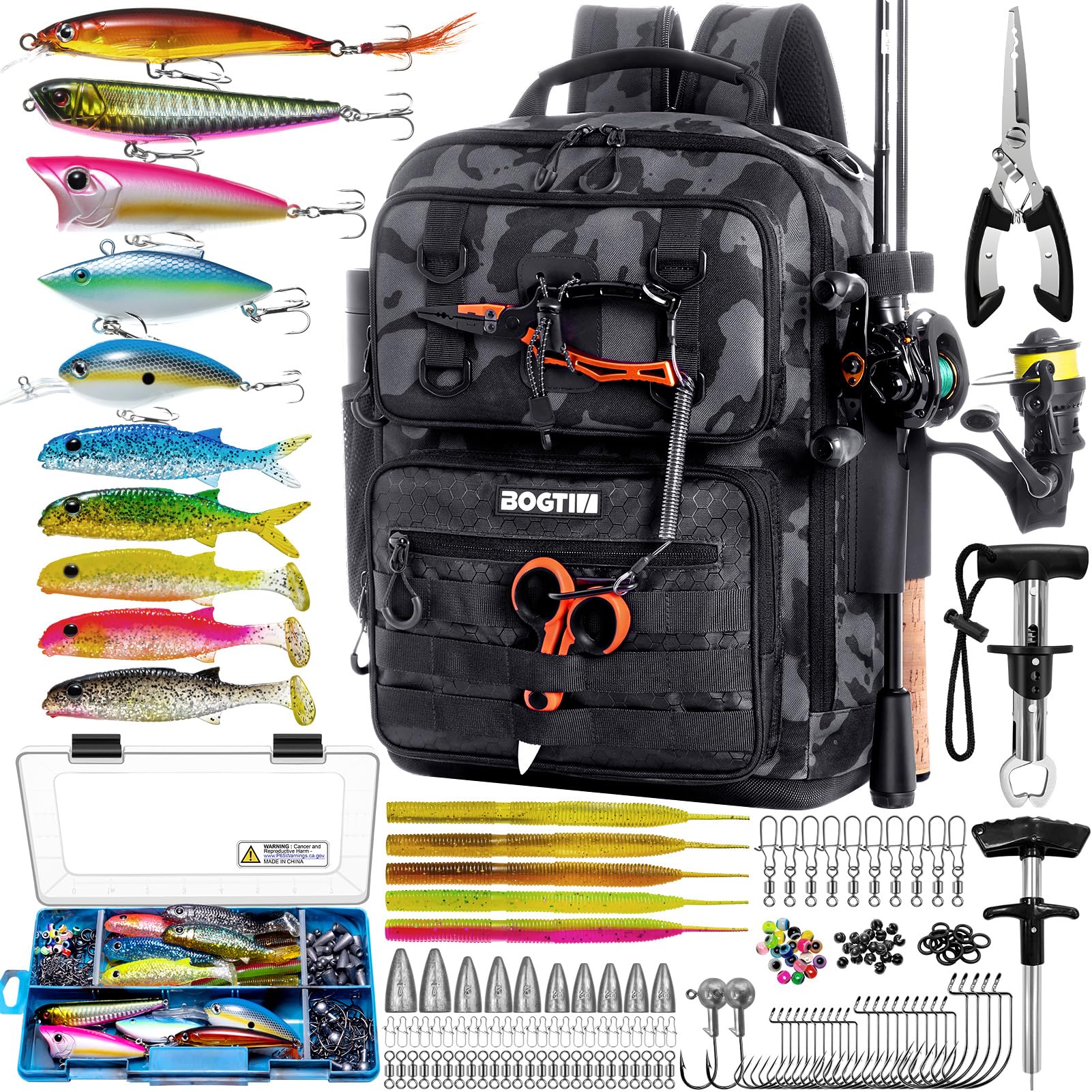 BOGTIM Fishing Backpack with Tackle Boxes and Rod Holders, Fishing Bag with Fishing Lure Kit Water-resistant Sling Tackle Bag Store Gear and Equipment, Bait Gifts for Men Woman Anglers-Camo Backpack