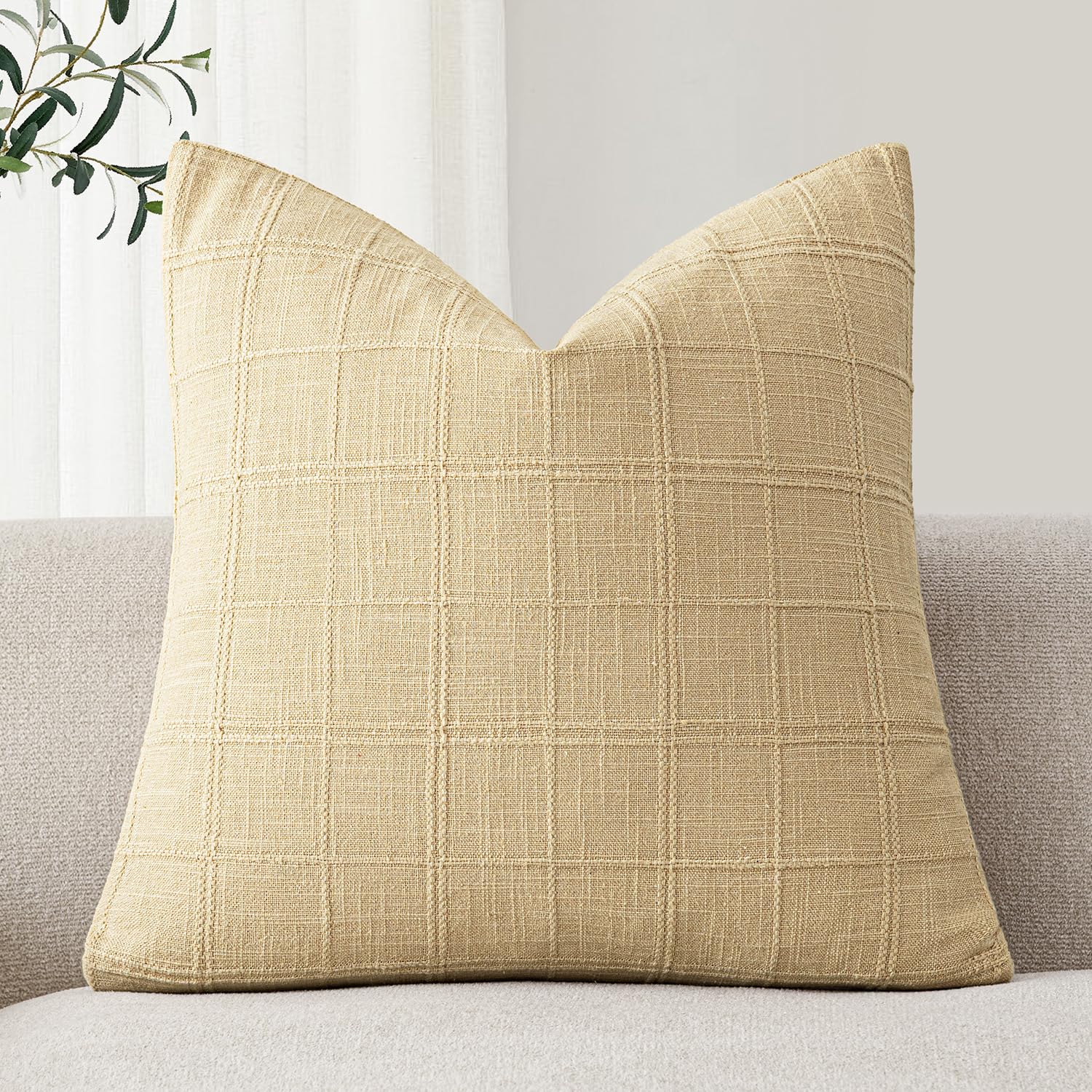 Foindtower Set of 1 Decorative Linen Check Throw Pillow Cover Neutral Farmhouse Vintage Cushion Cover Modern Boho Accent Home Decor for Sofa Chair Couch Bedroom Living Room,18×18 Inch,Light Yellow