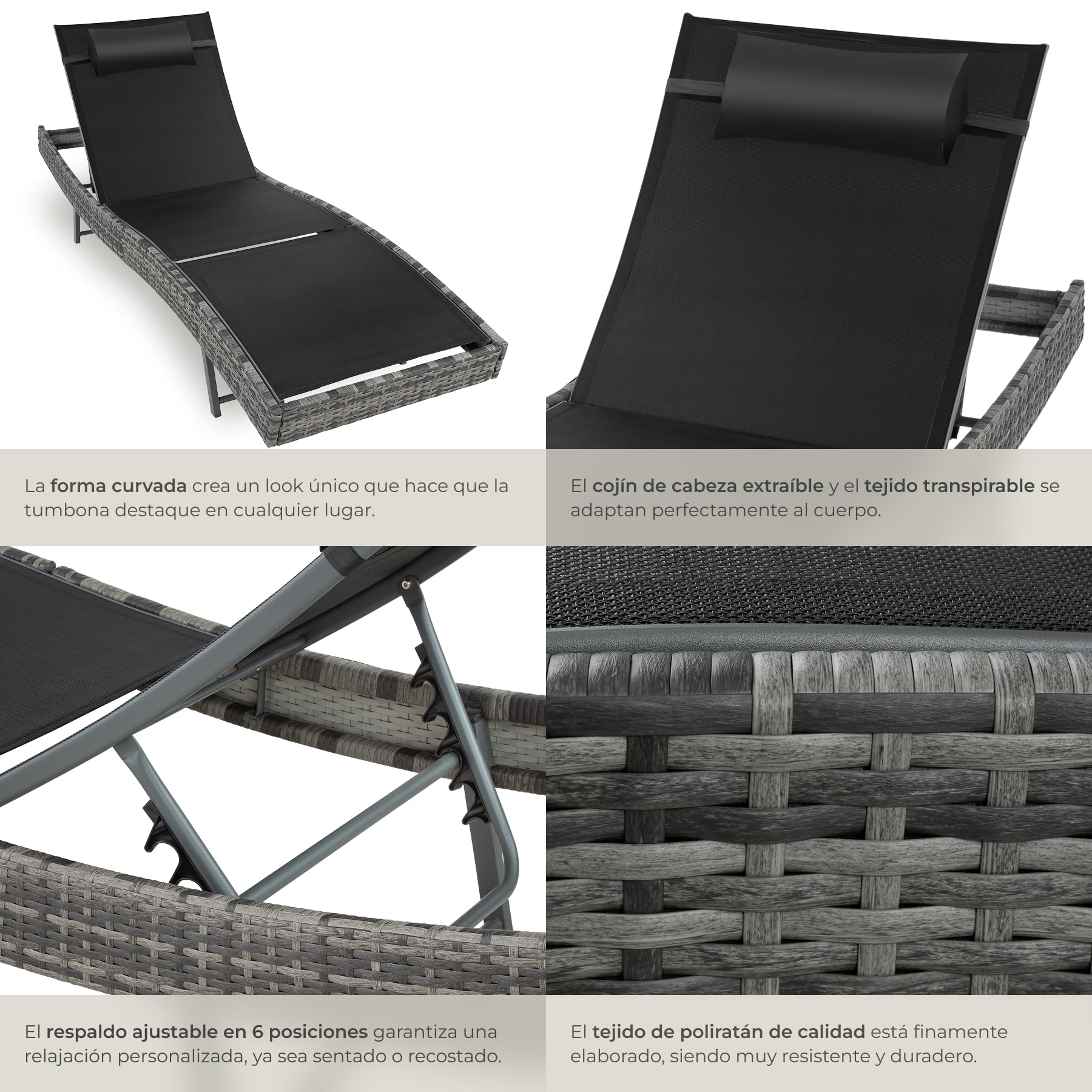 tectake® Tumbona Plegable para Jardín, Estructura de Aluminio con Techo Solar, Ajustable, Resistente a Intemperie, Bolsillo Lateral, Tumbonas Jardin Exterior, Muebles Jardin Exterior - Gris Jaspeado
