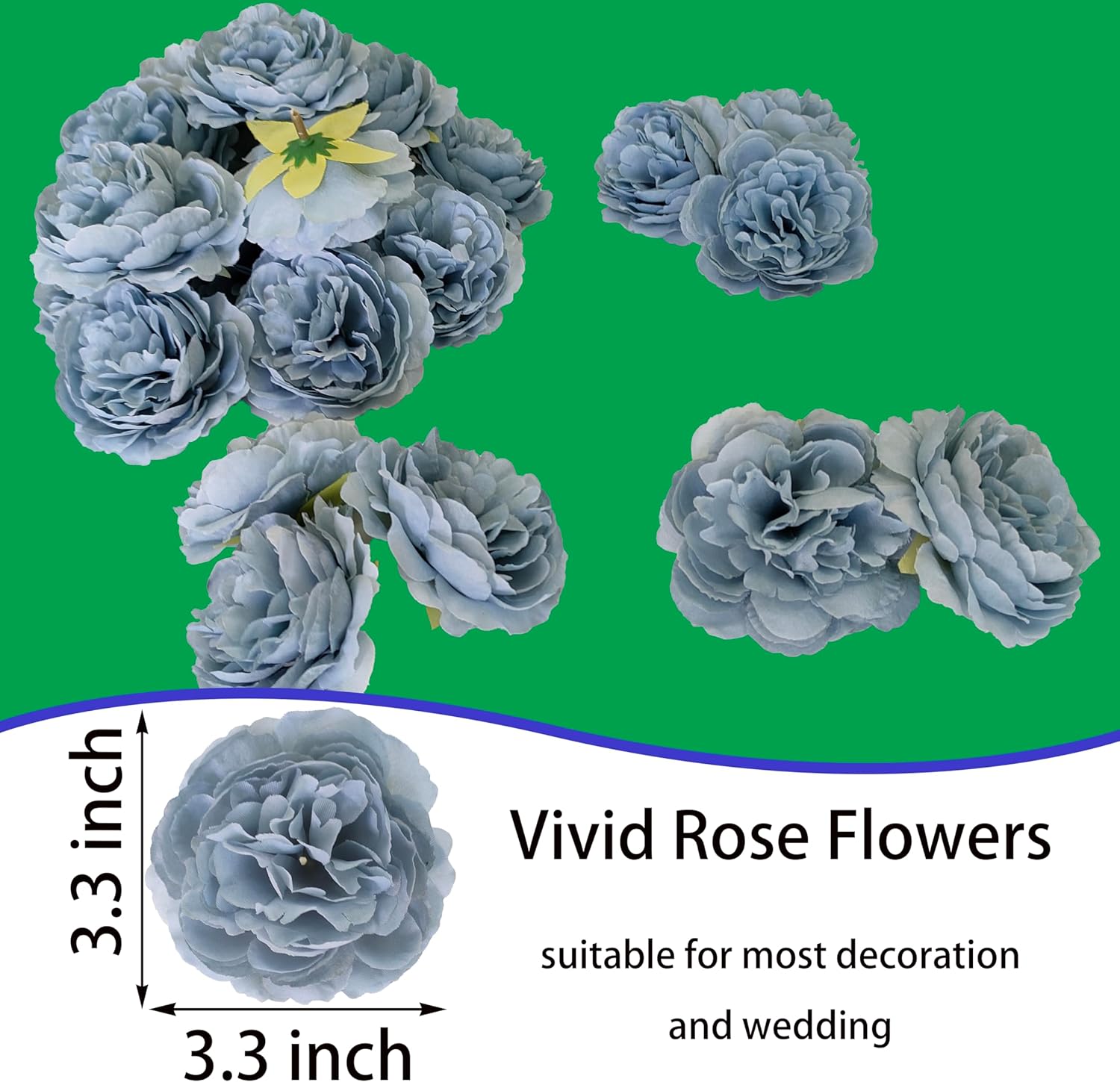 Grayish Blue Rose Flowers Artificial for Decoration,3.3'' Blue Silk Flower Heads,40 Pcs Grey Blue Rose Flowers, Silk Rose Heads Bulk,Satin Rose Heads No Stem for DIY Flower Well,Crafts Bouquest - Image 3