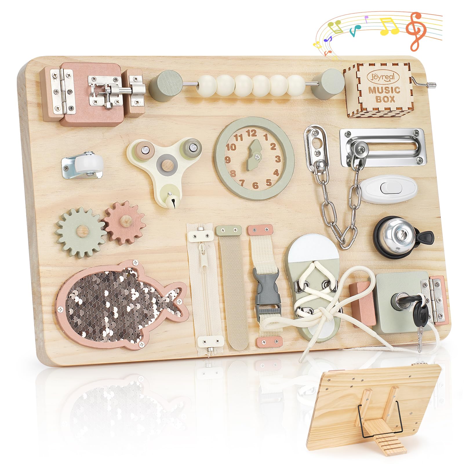 Joyreal Grande Busy Board - Pannello Sensoriale Bambini Montessori Legno Tavola Sensoriale Giochi Montessori con Carillon Specchio Neonati Giochi Educativi Regalo