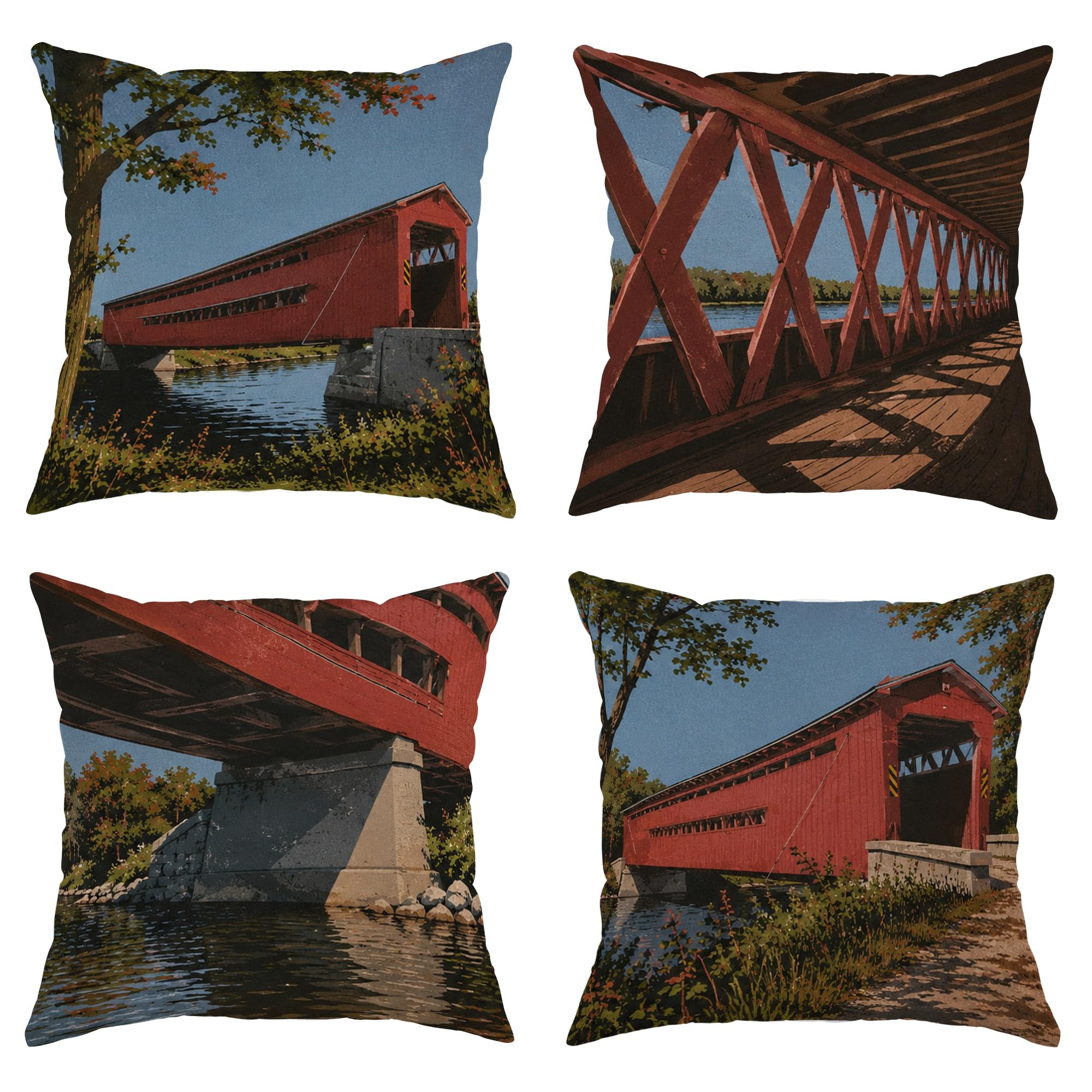 Housses de coussin motif arbres d'eau naturels lot de 4 carrées rouges 55 cm