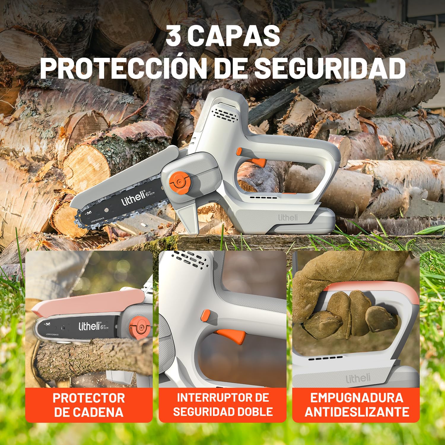 Litheli Mini Motosierra Batería 10000 mAh, 20V, 6 Pulgadas Motosierra de Mano para Podar, Tensión de Cadena Ajustable, Bloqueo de Seguridad, Mini Motosierra Eléctrica para Cortar Madera y Jardines