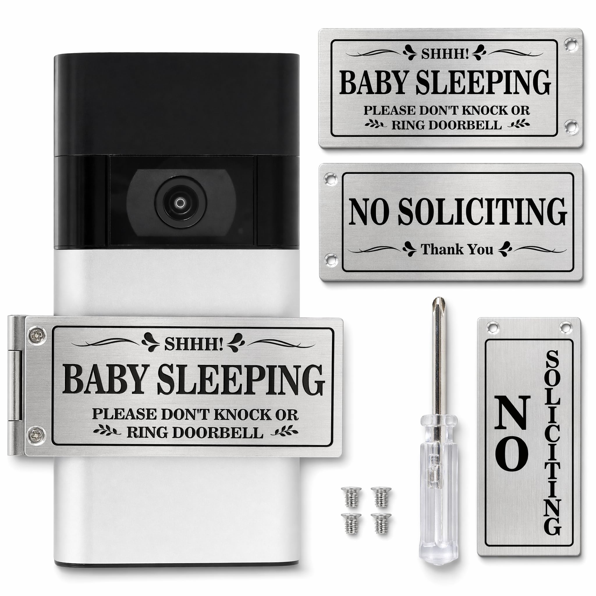 Baby Sleeping Doorbell Cover — Rotatable "Shh! Baby Sleeping" &amp; "No Soliciting" Sign, No-Drill Adhesive Install, Fits Ring Video Doorbell, Great New Mom Gift
