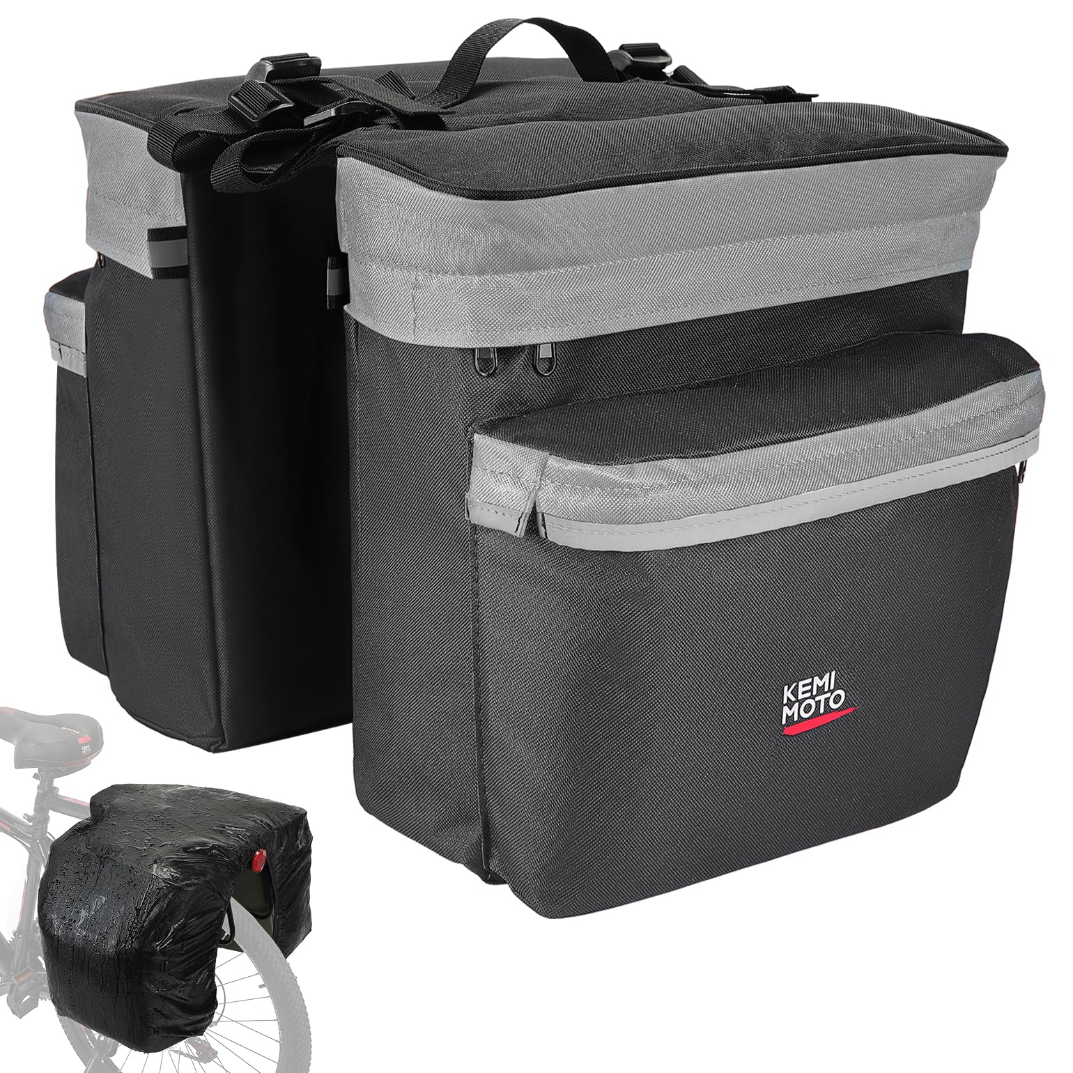 KEMIMOTO Bike Bag Bicycle Panniers Rear Rack Bag, 34L Large Capacity Water Resistant Bicycle Trunk Bag, Bike Saddle Bag for Grocery Shopping, Support for Width Less Than 6 inches Bike Rack, Grey