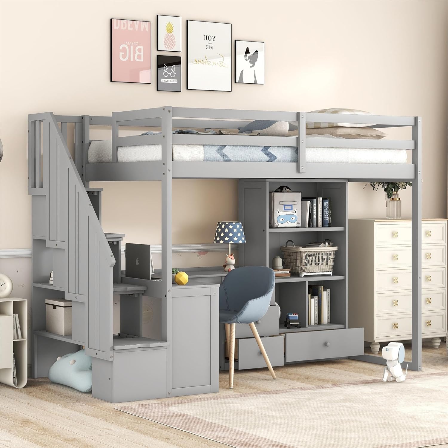 SOFTSEA Twin Size Loft Bed with L-shaped desk and storage shelves