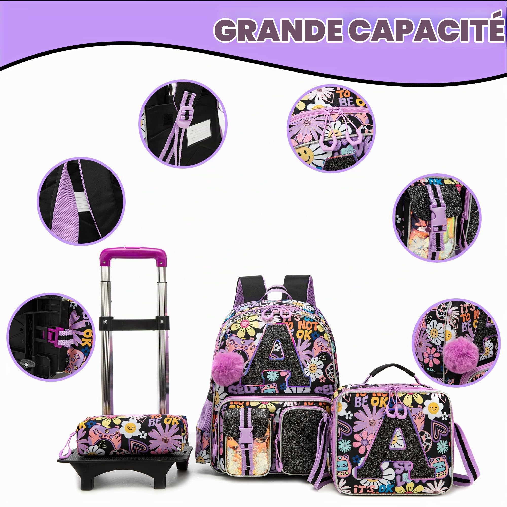 HTgroce Cartable à Roulettes Fille Primaire (CP CE1 CE2 CM1) – Sac à Dos Scolaire Trolley avec Roues– Cartable École Ergonomique pour Rentrée Scolaire