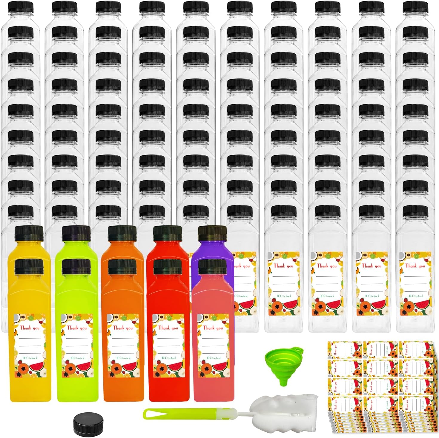 100pcs 16 oz Plastic bottles with lids,Juice bottles with caps, Reusable Clear Bulk Beverage Containers for Juice, Milk and Other Beverages