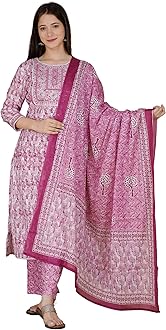 Meera FabWomen's Cotton Printed Grey Printed Straight Embroidery Kurta With Palazzo & Dupatta