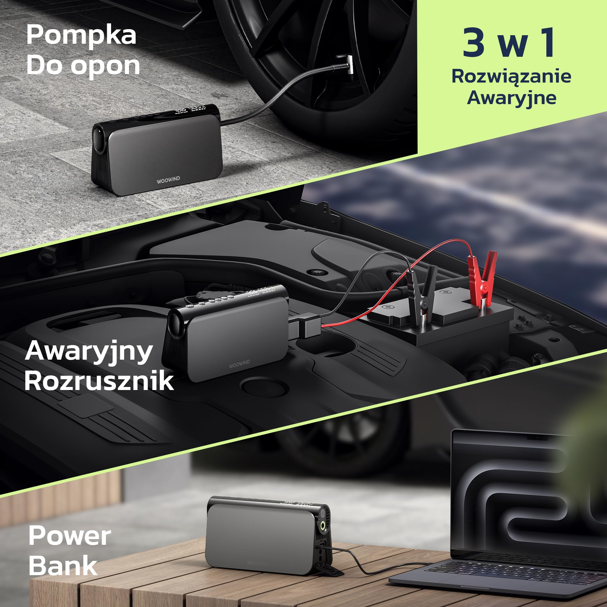 Wooowind Bora Plus 3w1 Przenośny Kompresor do Opon 150PSI | Rozrusznik awaryjny, pompka opon, powerbank, auto wyłączanie, LED, manometr, dysze, 10,3 BAR